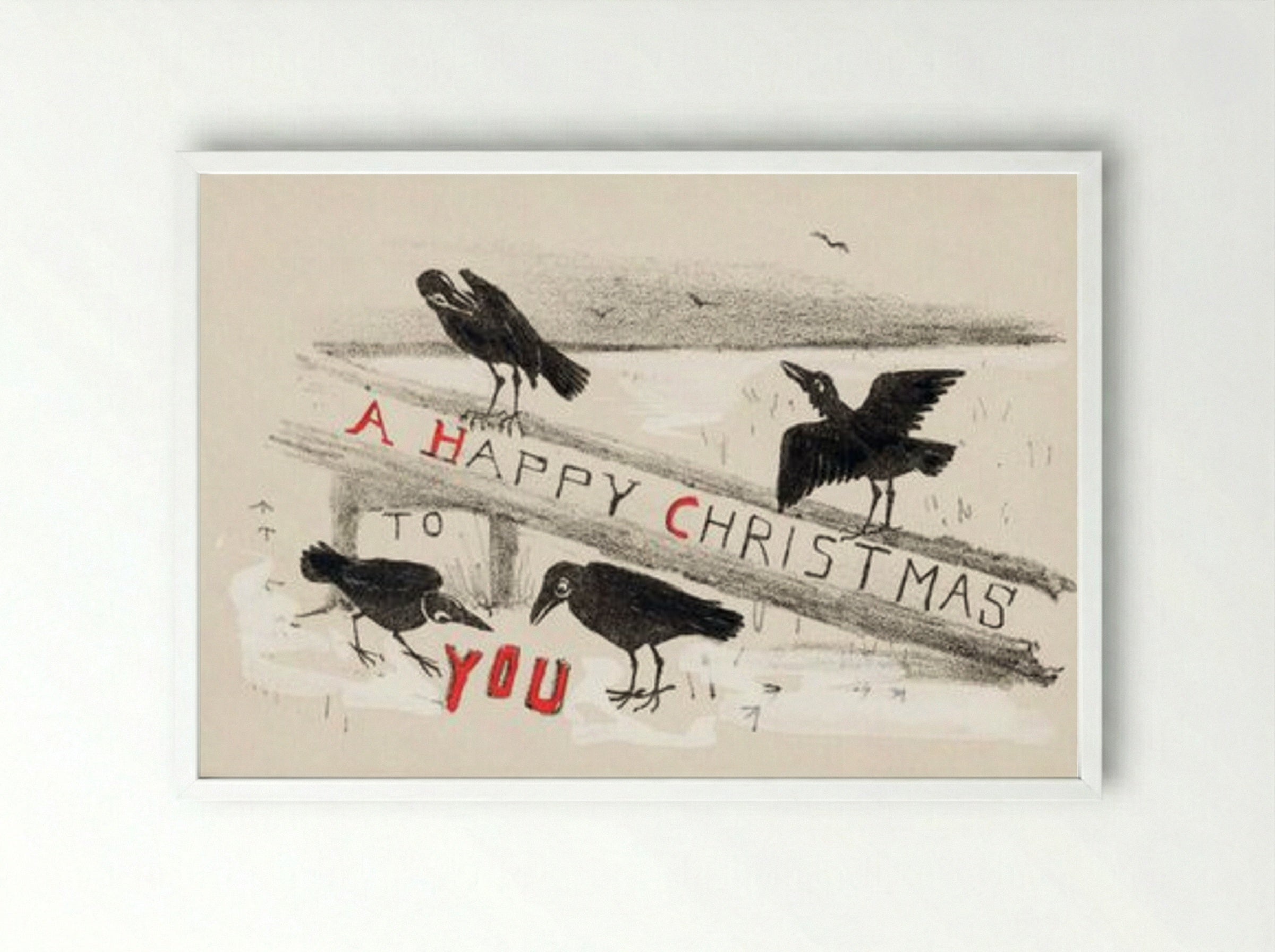 Christmas Card with Four Crows - Theo van Hoytema - Framed Print White