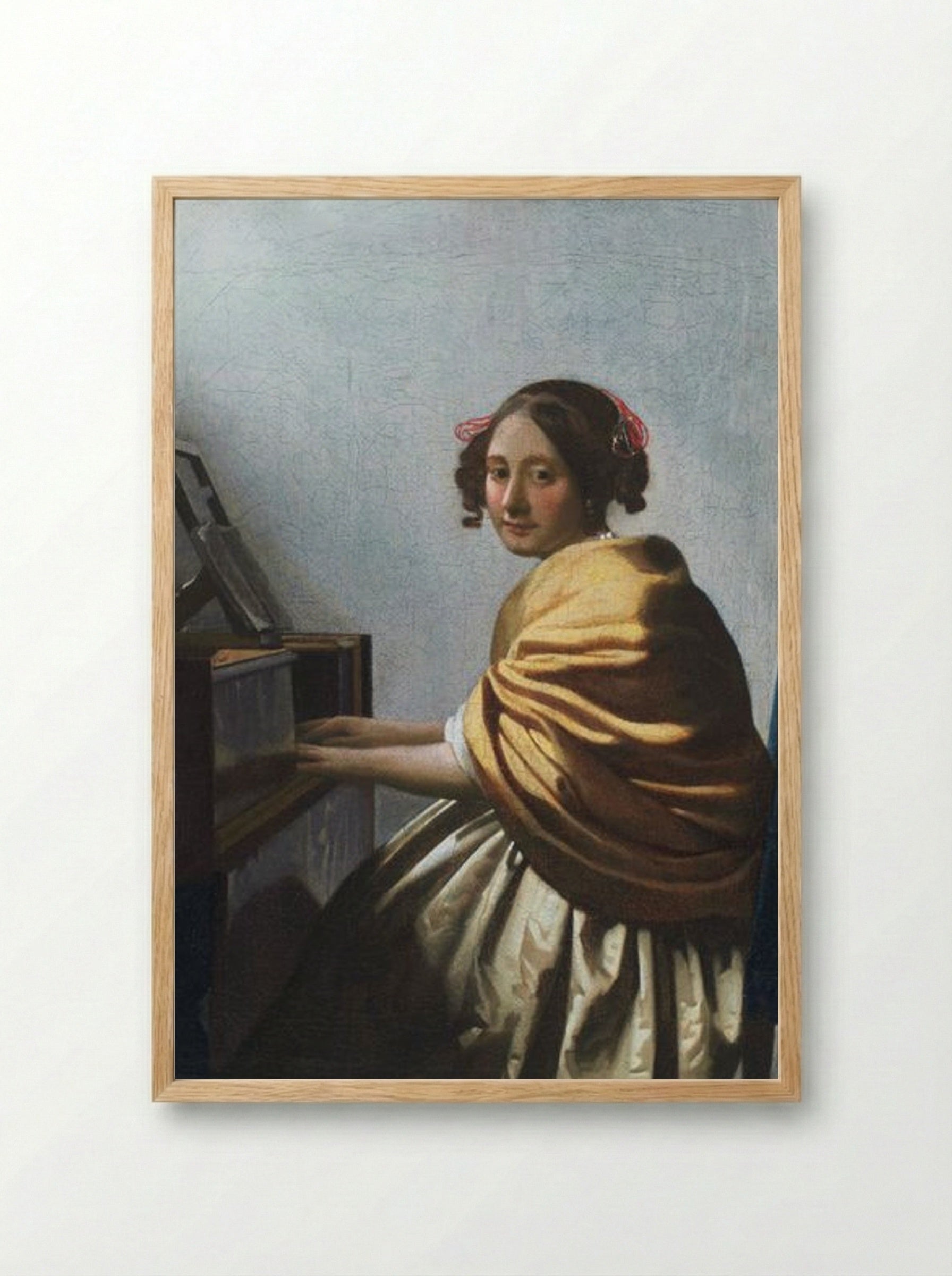 A Young Woman Seated at the Virginals - Johannes Vermeer - Framed Print Wood