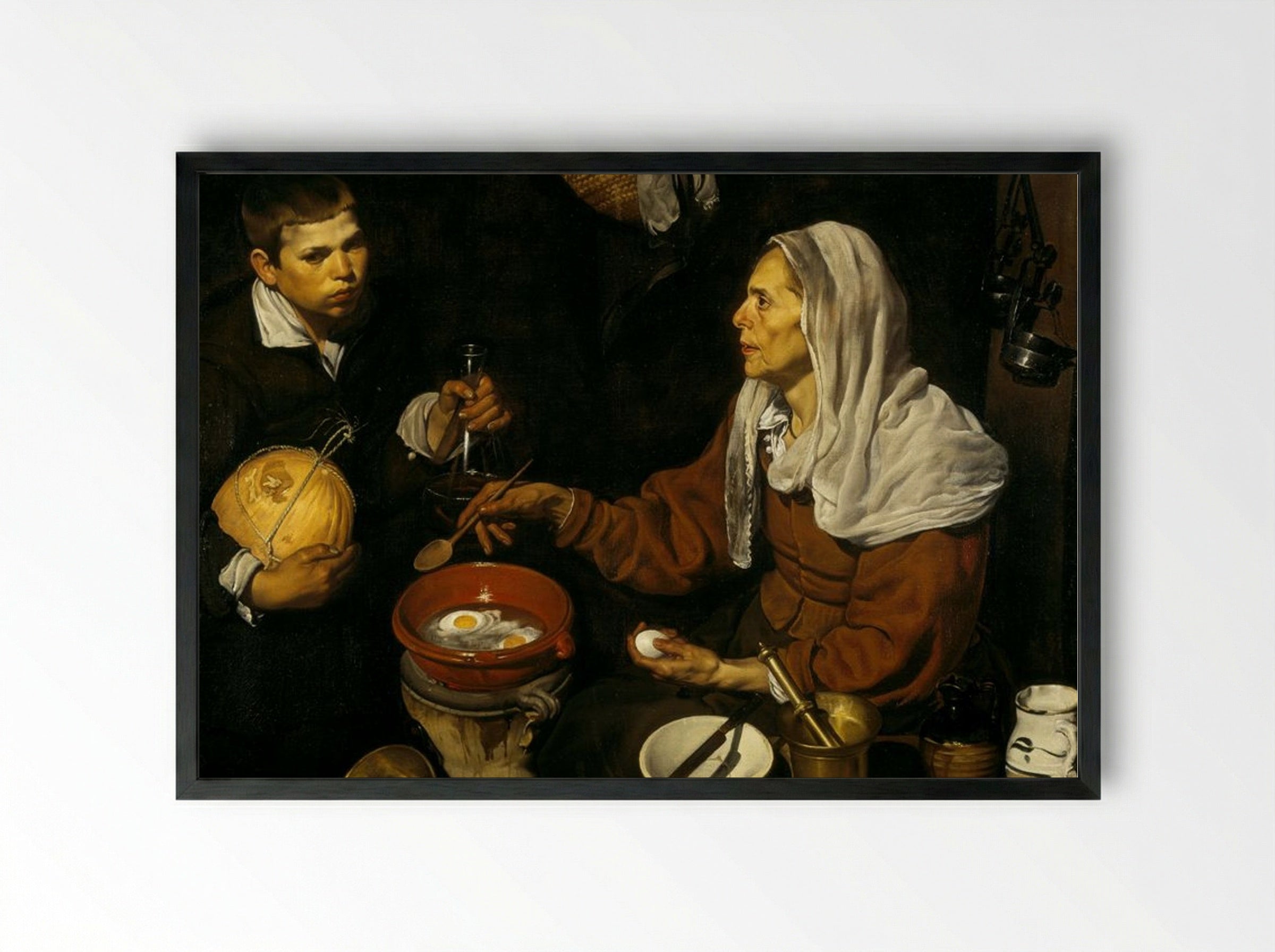 Vieja friendo huevos (Old Woman Frying Eggs) - Diego Velázquez - Framed Print Black