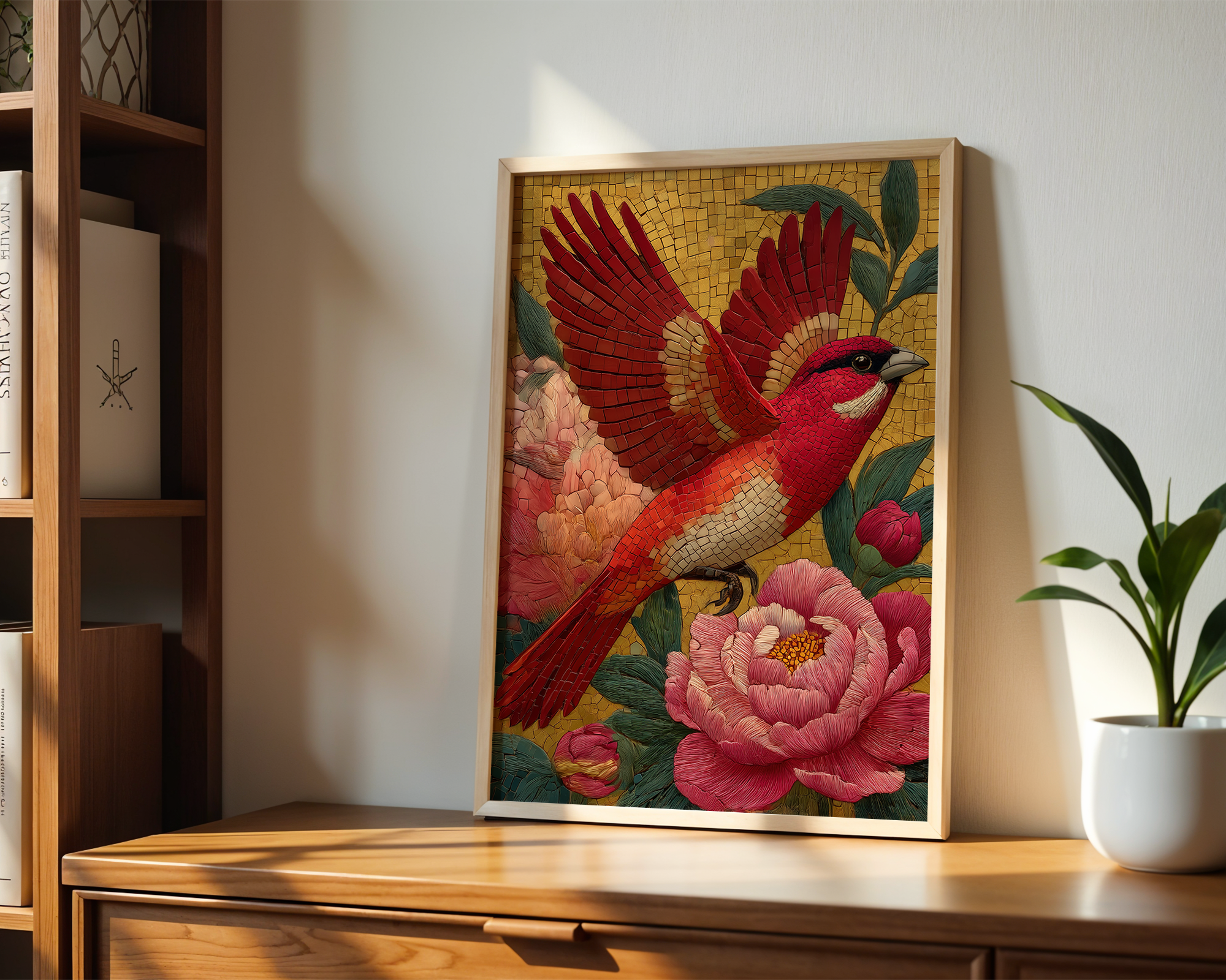 phoenix-among-peonies-in-golden-sky-japanese-mosaic-print mockup