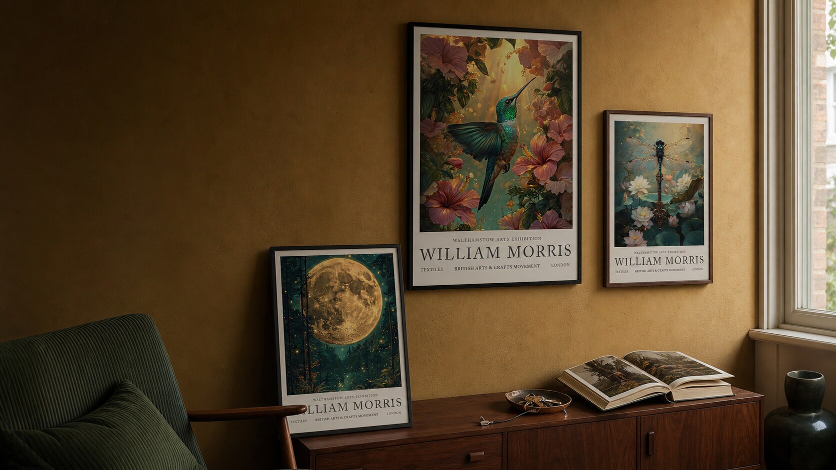William Morris prints in a lived-in British living room