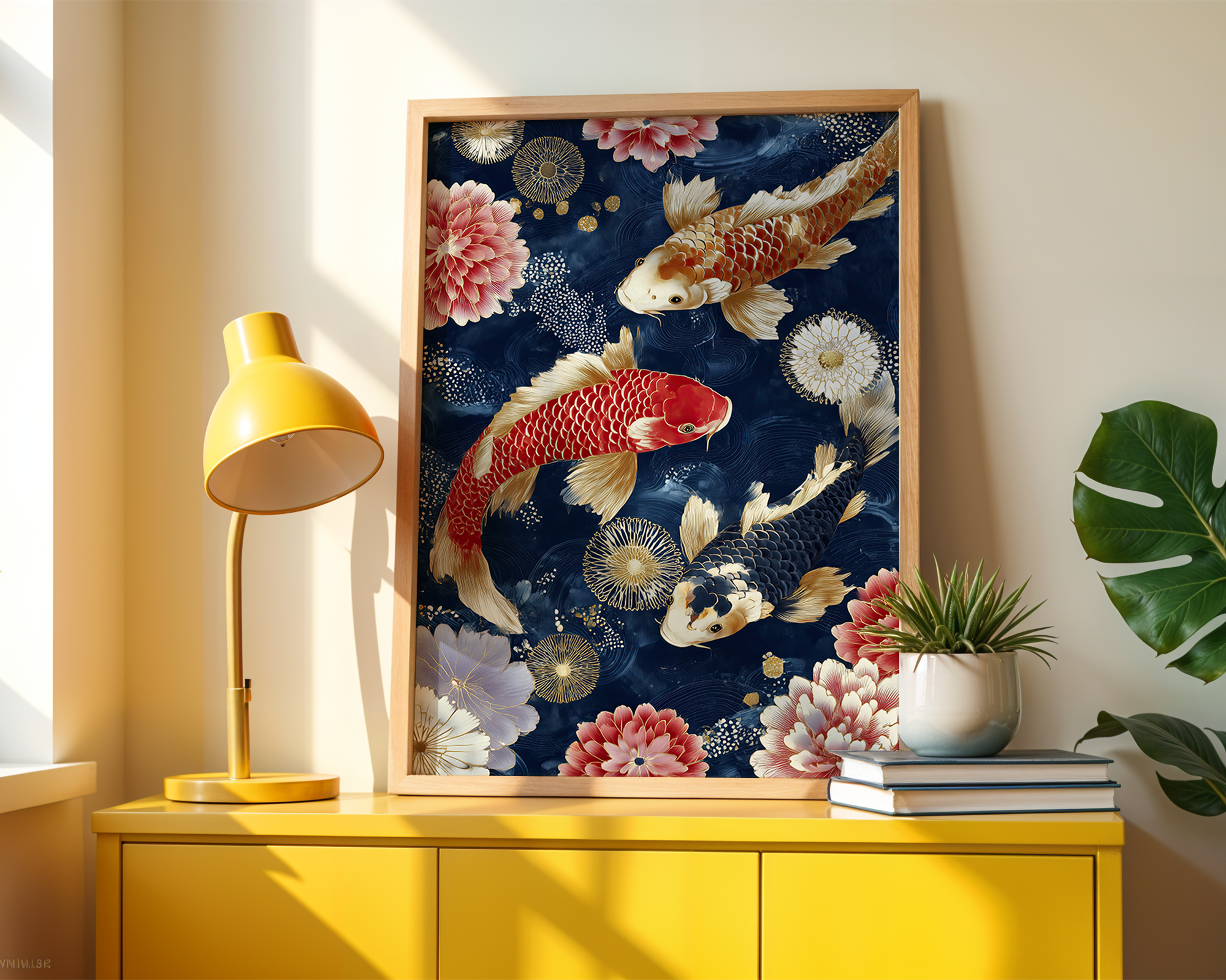 trio-of-koi-botanical-print-in-crimson-and-midnight mockup