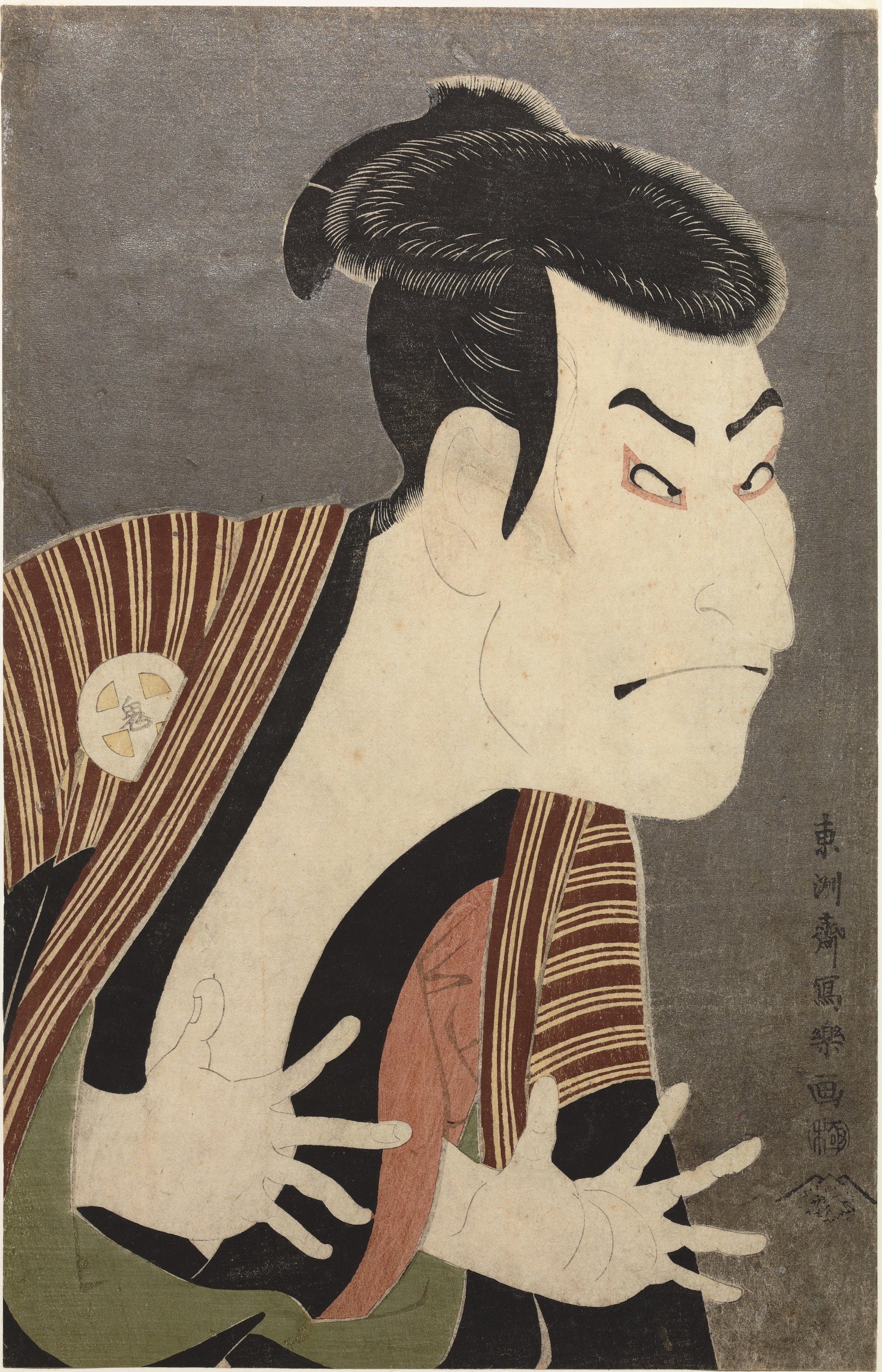 Woodblock print bust portrait of kabuki actor Ōtani Oniji III as the servant Edobei, glaring with a hooked nose and grasping hands, against a dark mica ground, by Tōshūsai Sharaku, 1794. Tokyo National Museum.
