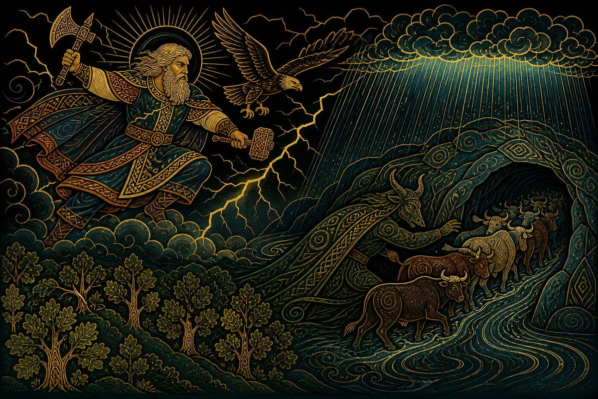 Original illustration for Veles Steals Perun’s Herds