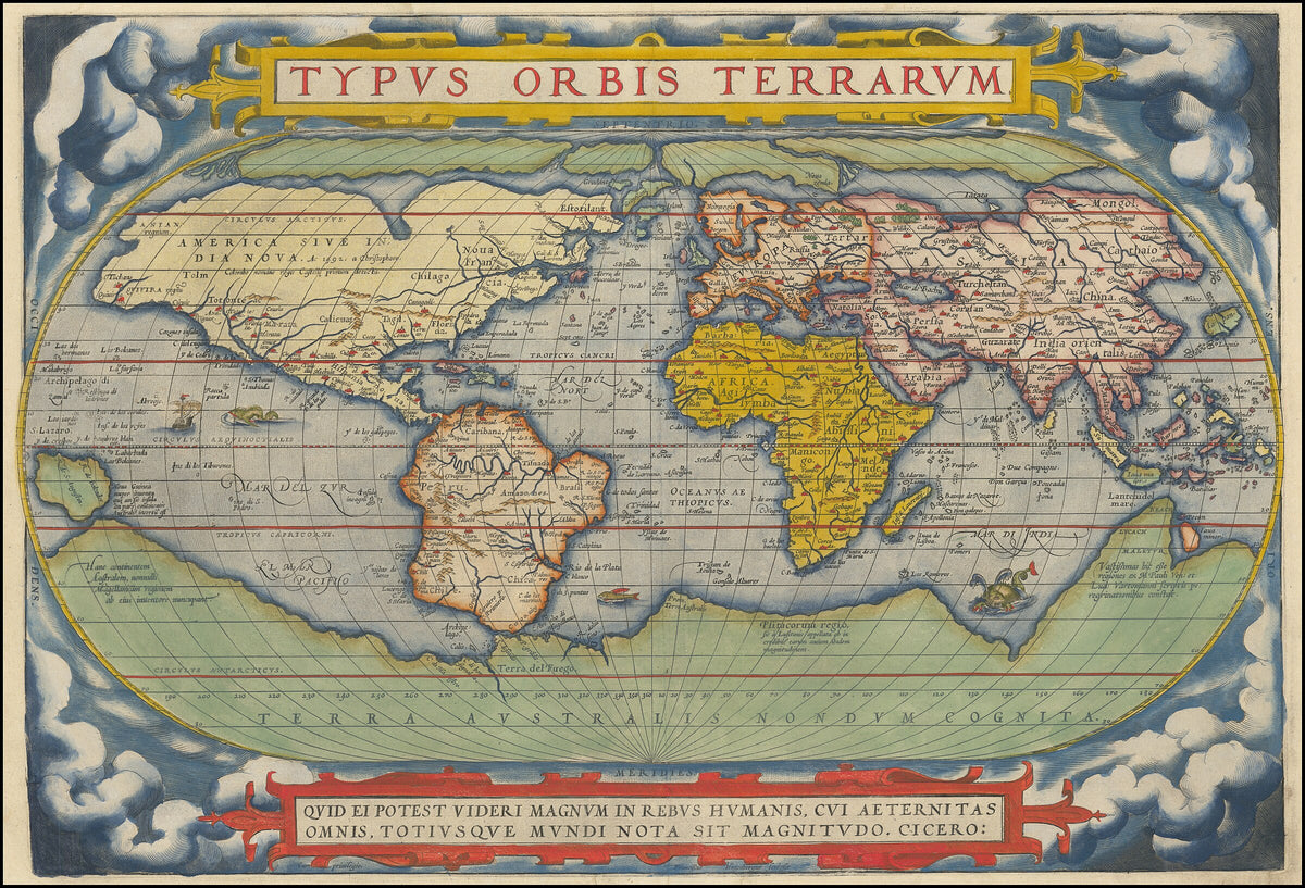 Abraham Ortelius, Theatrum Orbis Terrarum (world map), 1572. The first modern atlas.