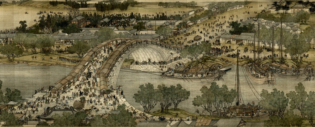 The Rainbow Bridge crossing in the Qing court 1736 remake of Along the River During the Qingming Festival: a crowded arched bridge over the Bian river, boats below, and the city beyond, in colour on silk. National Palace Museum, Taipei.
