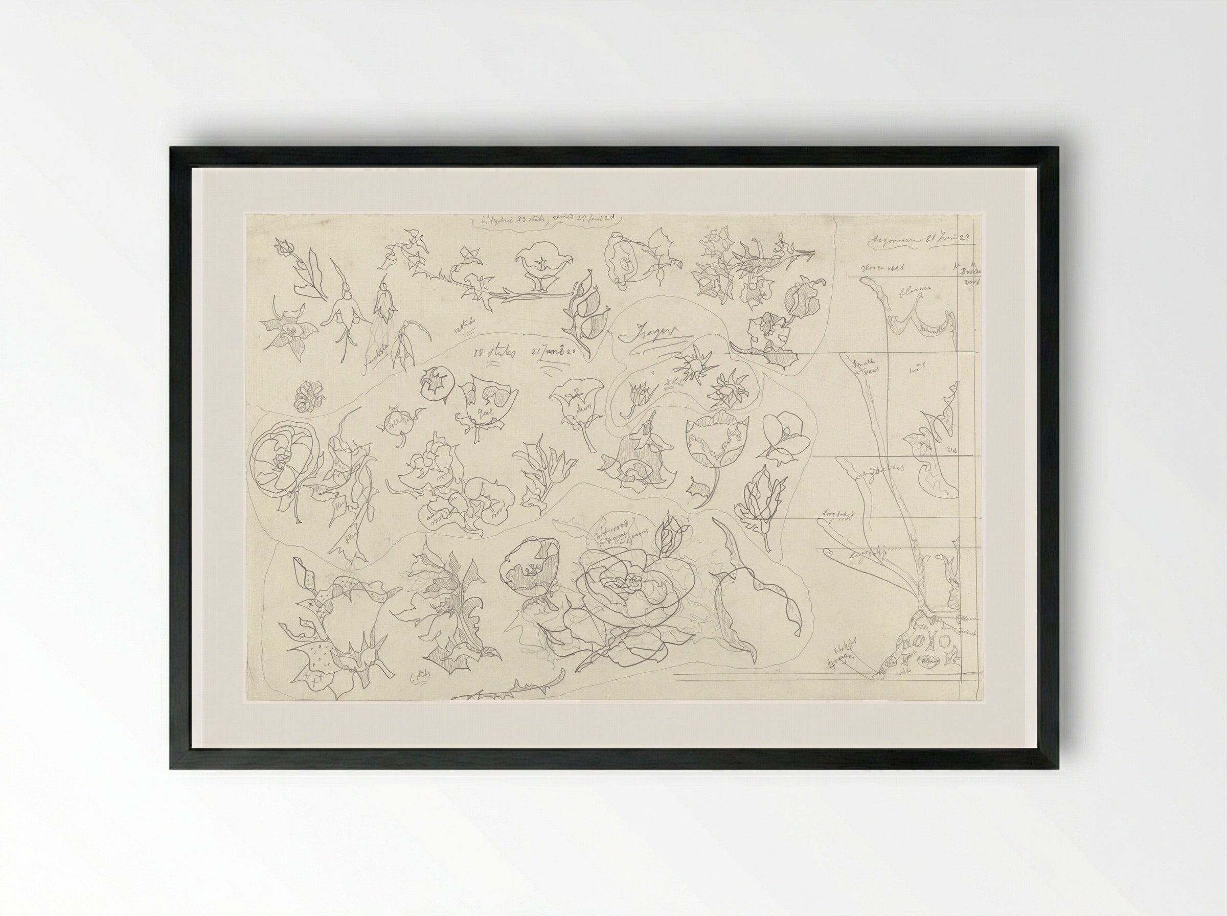 33 Bloemornamenten voor aardewerkdecoratie en zes halfprofielen voor vazen en bakjes - Theo Colenbrander - Framed Print Black