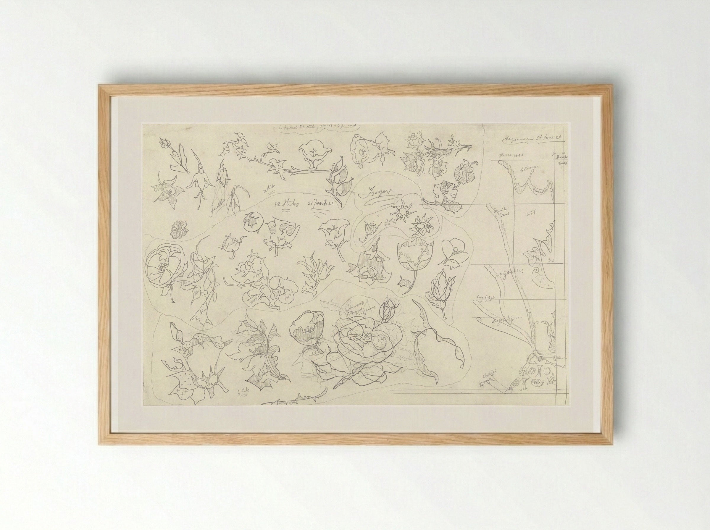 33 Bloemornamenten voor aardewerkdecoratie en zes halfprofielen voor vazen en bakjes - Theo Colenbrander - Framed Print Wood