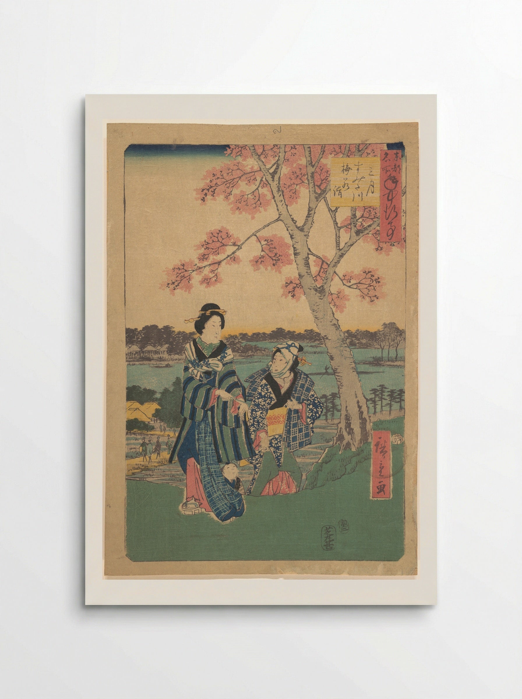 Plum-blossom viewing in the third month at Sumida River - Utagawa Hiroshige - Poster
