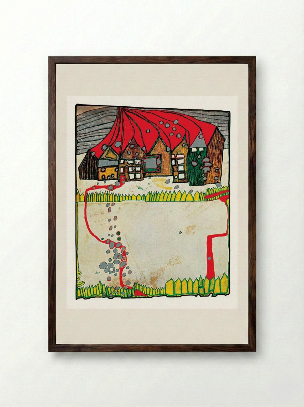557 Houses in the Snow in a Silver Shower - Friedensreich Hundertwasser - Framed Print Dark Wood