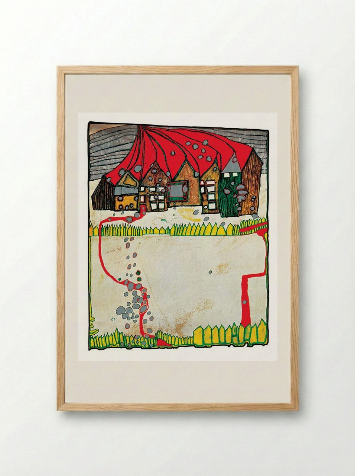 557 Houses in the Snow in a Silver Shower - Friedensreich Hundertwasser - Framed Print Wood