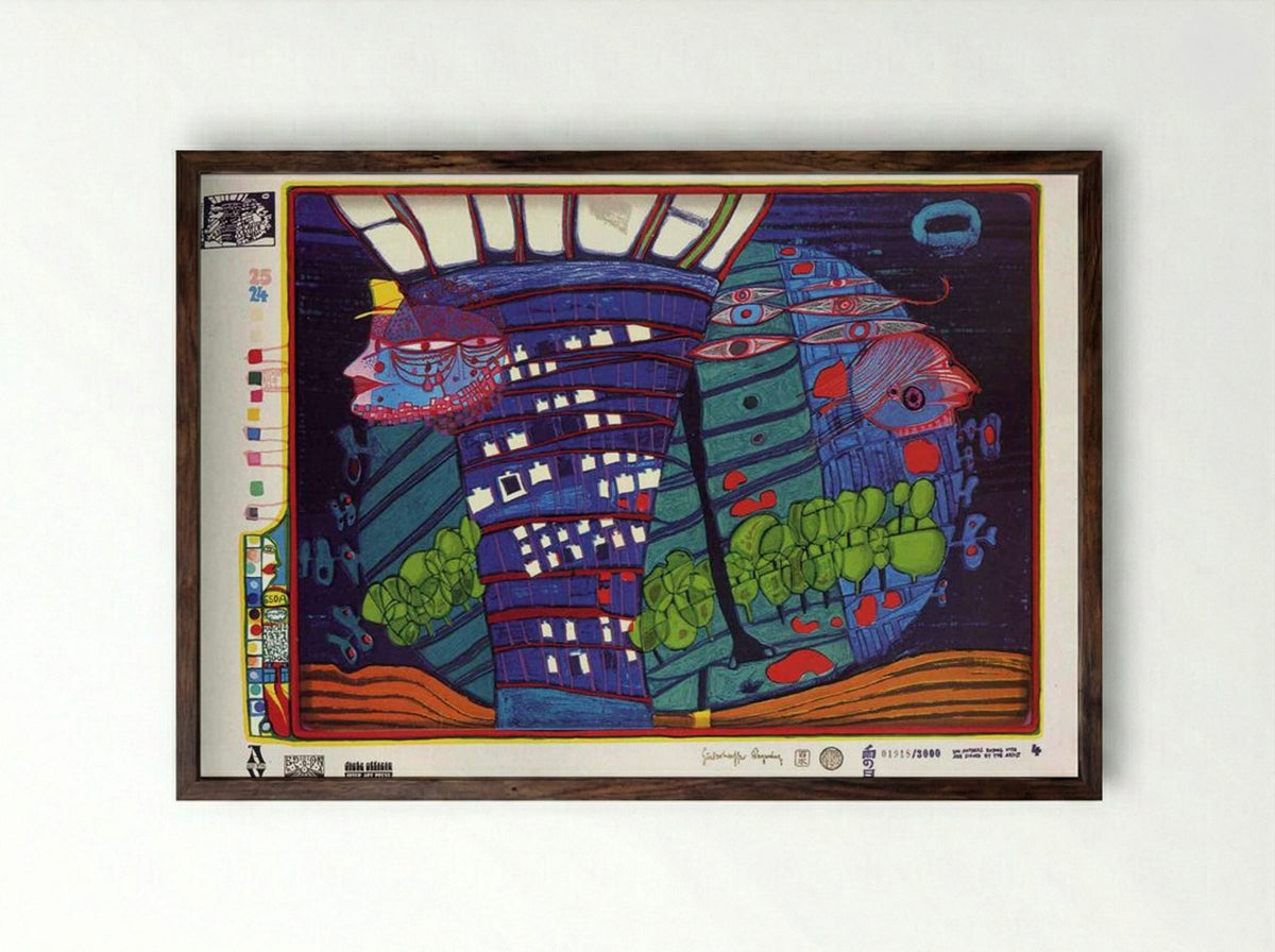 650A Exodus Into Space - Friedensreich Hundertwasser - Framed Print Dark Wood