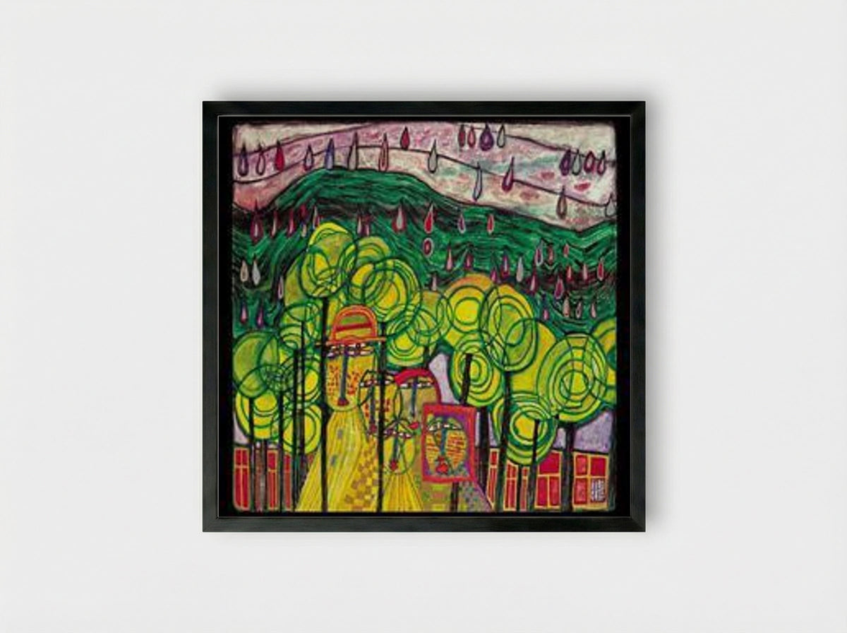 692 The Rain Falls Far From Us Falls the Rain - Friedensreich Hundertwasser - Framed Print Black