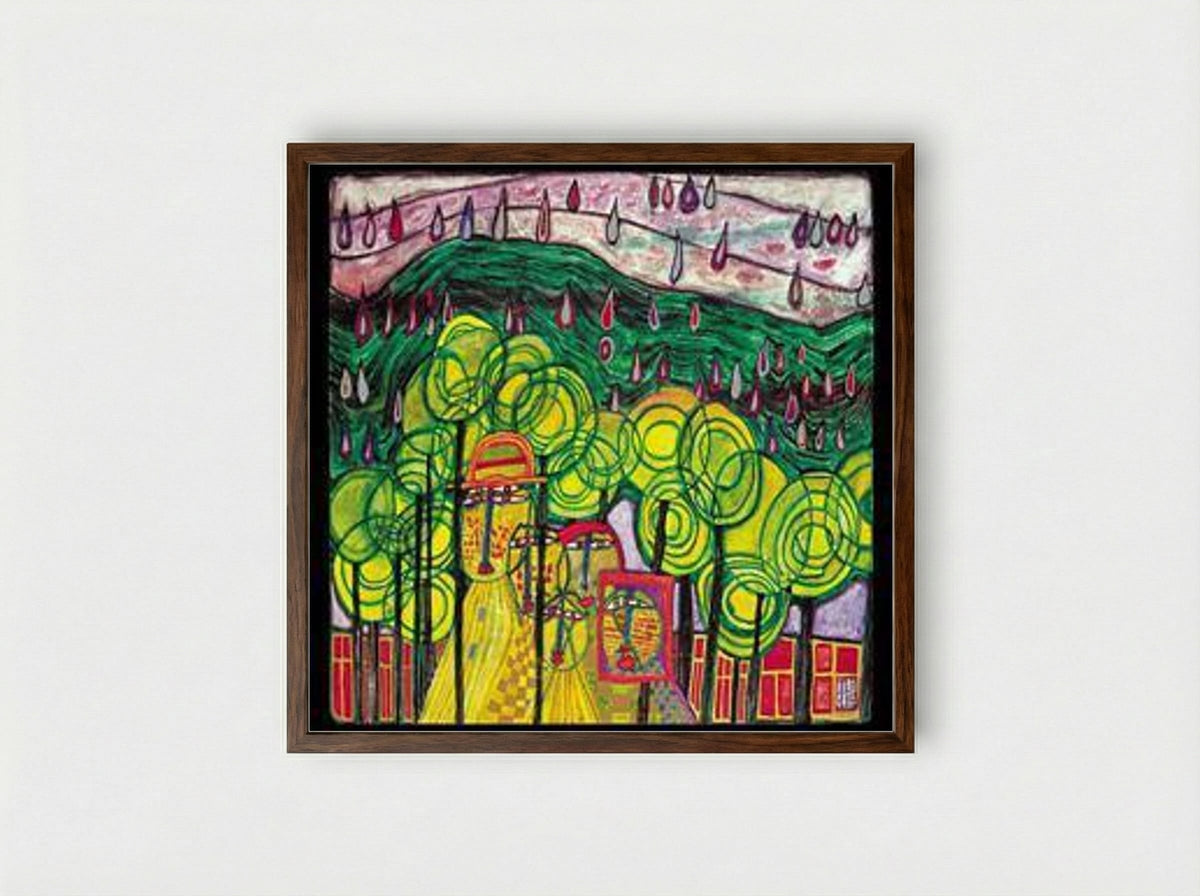 692 The Rain Falls Far From Us Falls the Rain - Friedensreich Hundertwasser - Framed Print Dark Wood