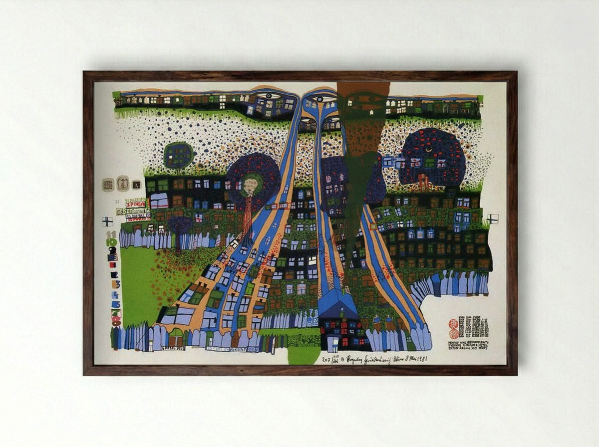 818 Let Us Pray Manitou Wins - Friedensreich Hundertwasser - Framed Print Dark Wood