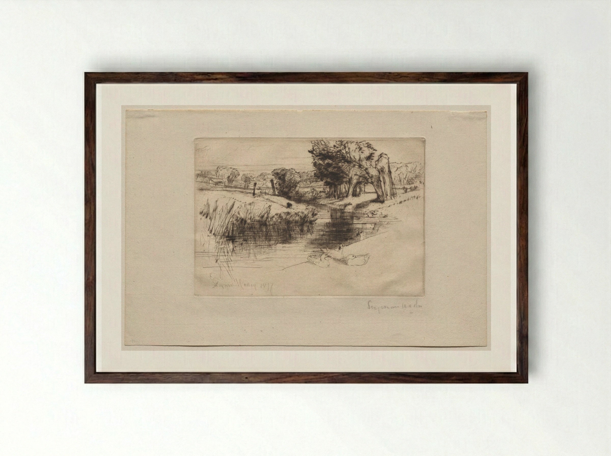 A Backwater - Francis Seymour Haden - Framed Print Dark Wood