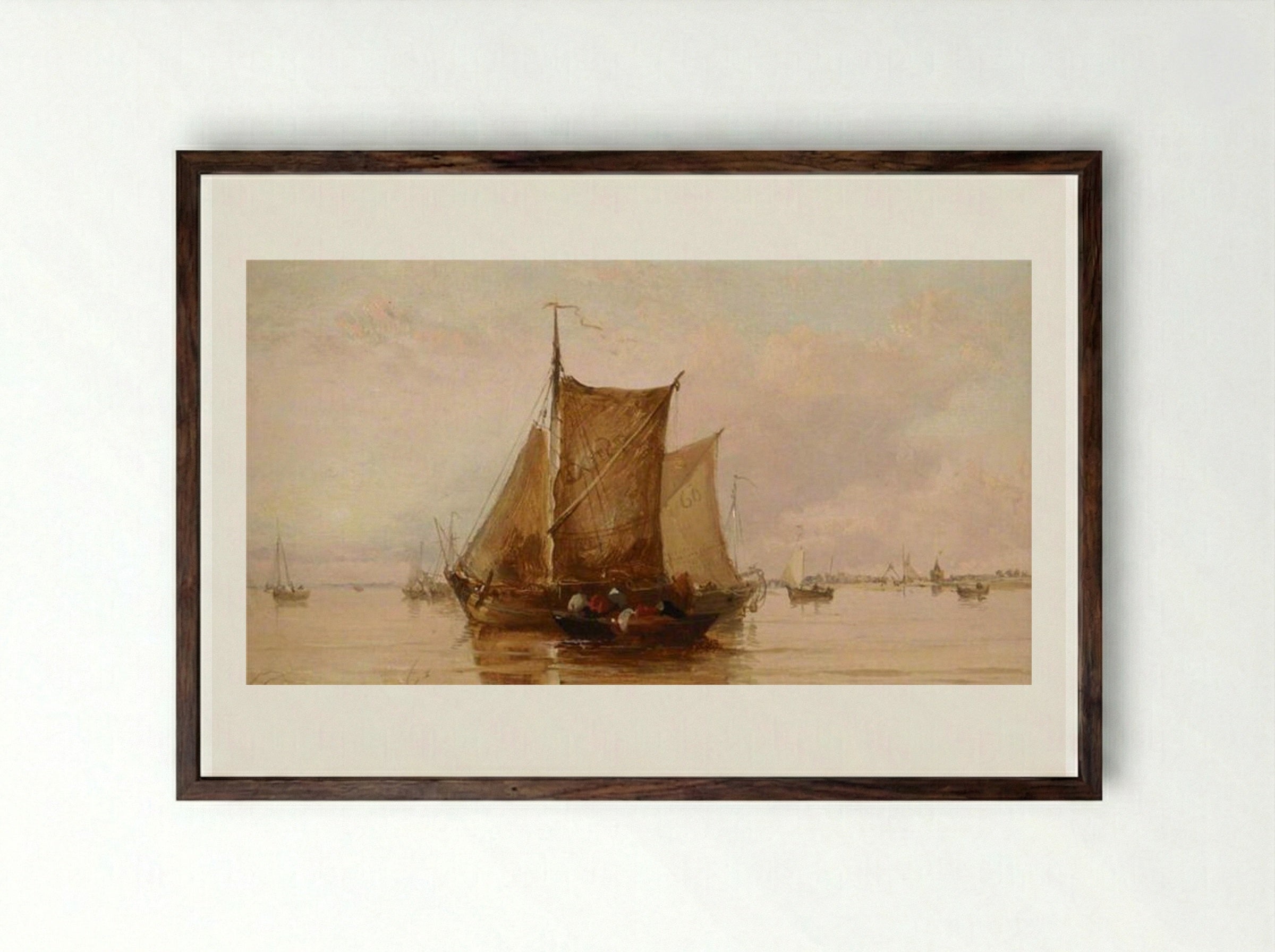 A Barge on the Texel - James Webb - Framed Print Dark Wood
