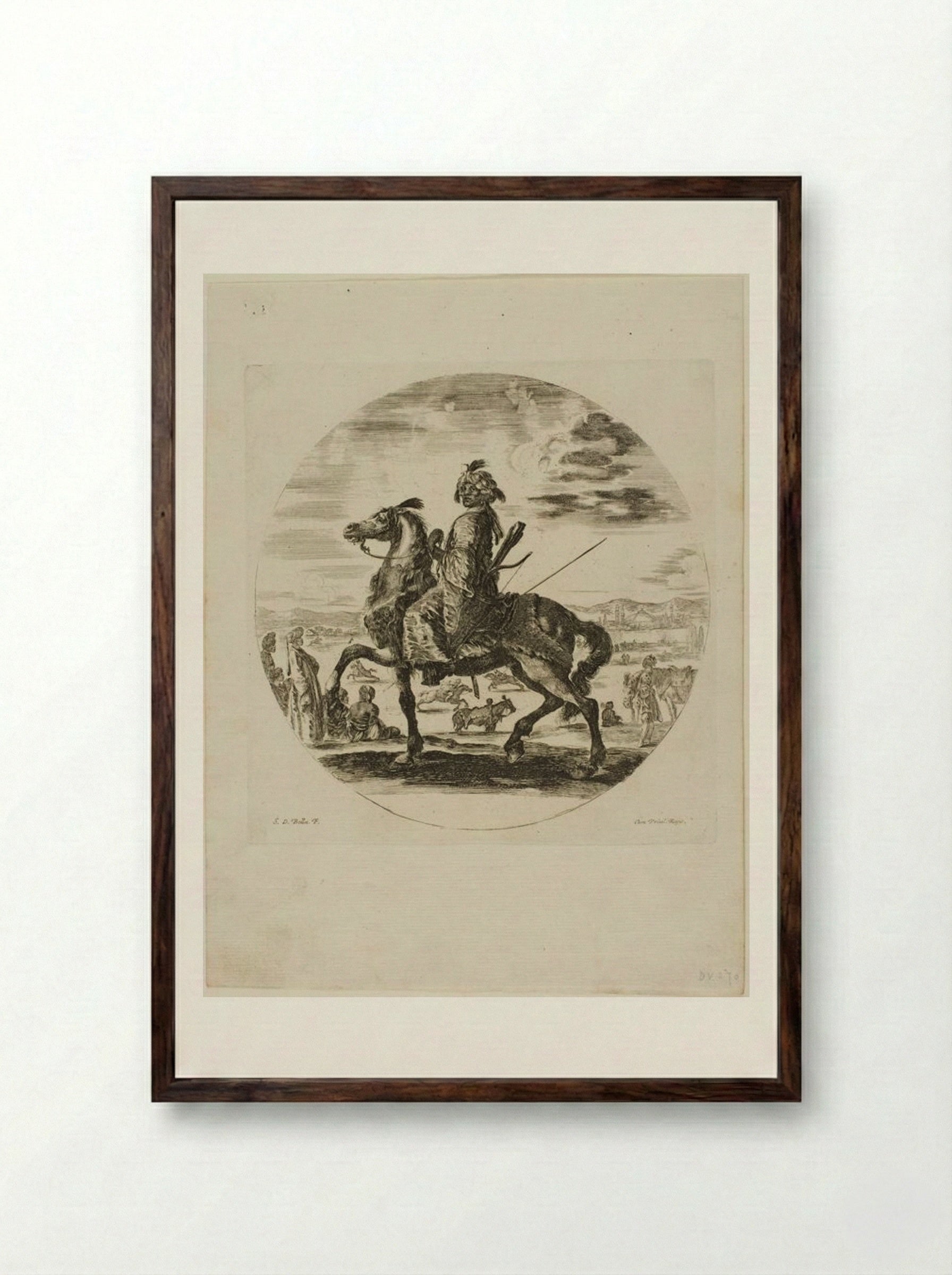 A Black Horseman - Stefano Della Bella - Framed Print Dark Wood