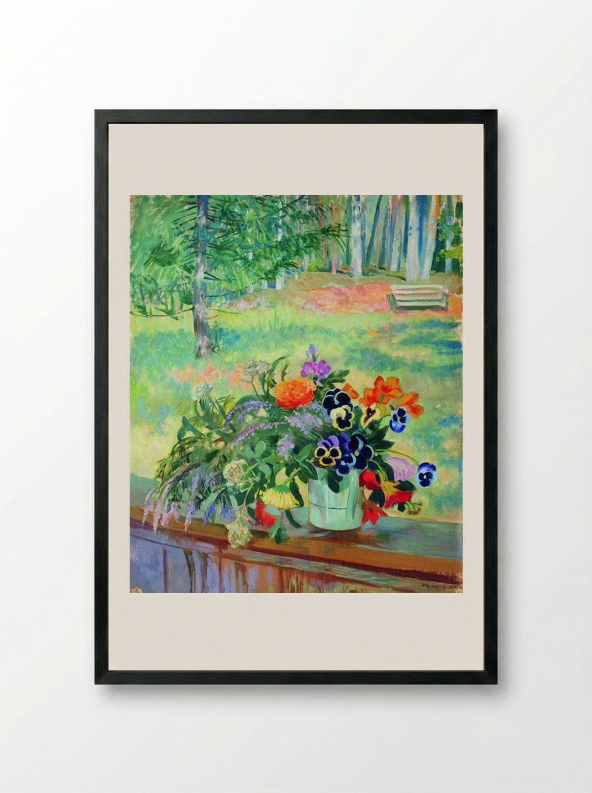 A Bouquet of Flowers on the Balcony - Boris Kustodiev - Framed Print Black