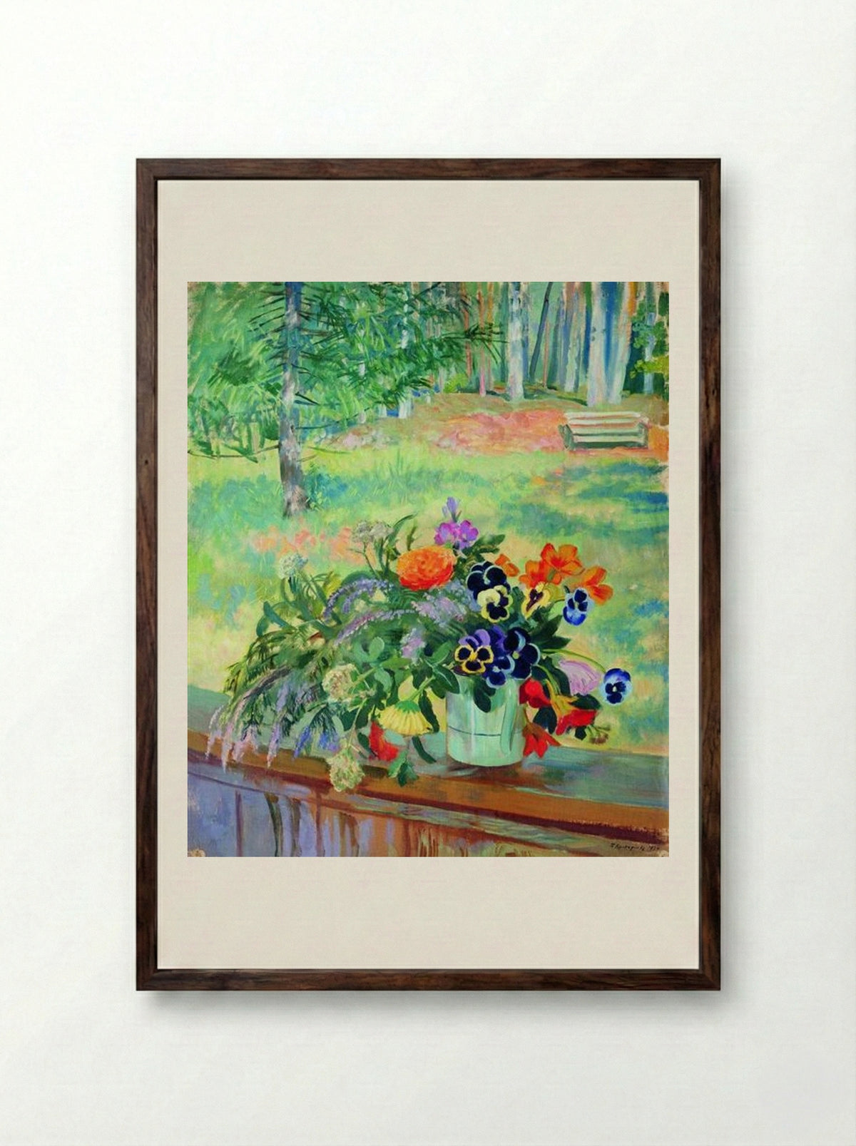 A Bouquet of Flowers on the Balcony - Boris Kustodiev - Framed Print Dark Wood