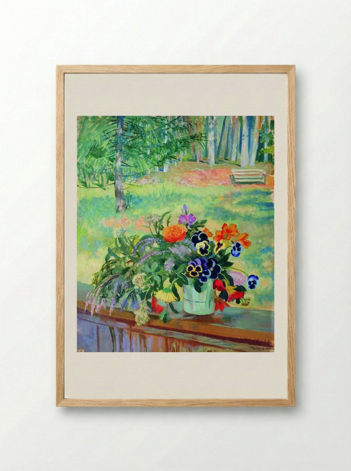 A Bouquet of Flowers on the Balcony - Boris Kustodiev - Framed Print Wood