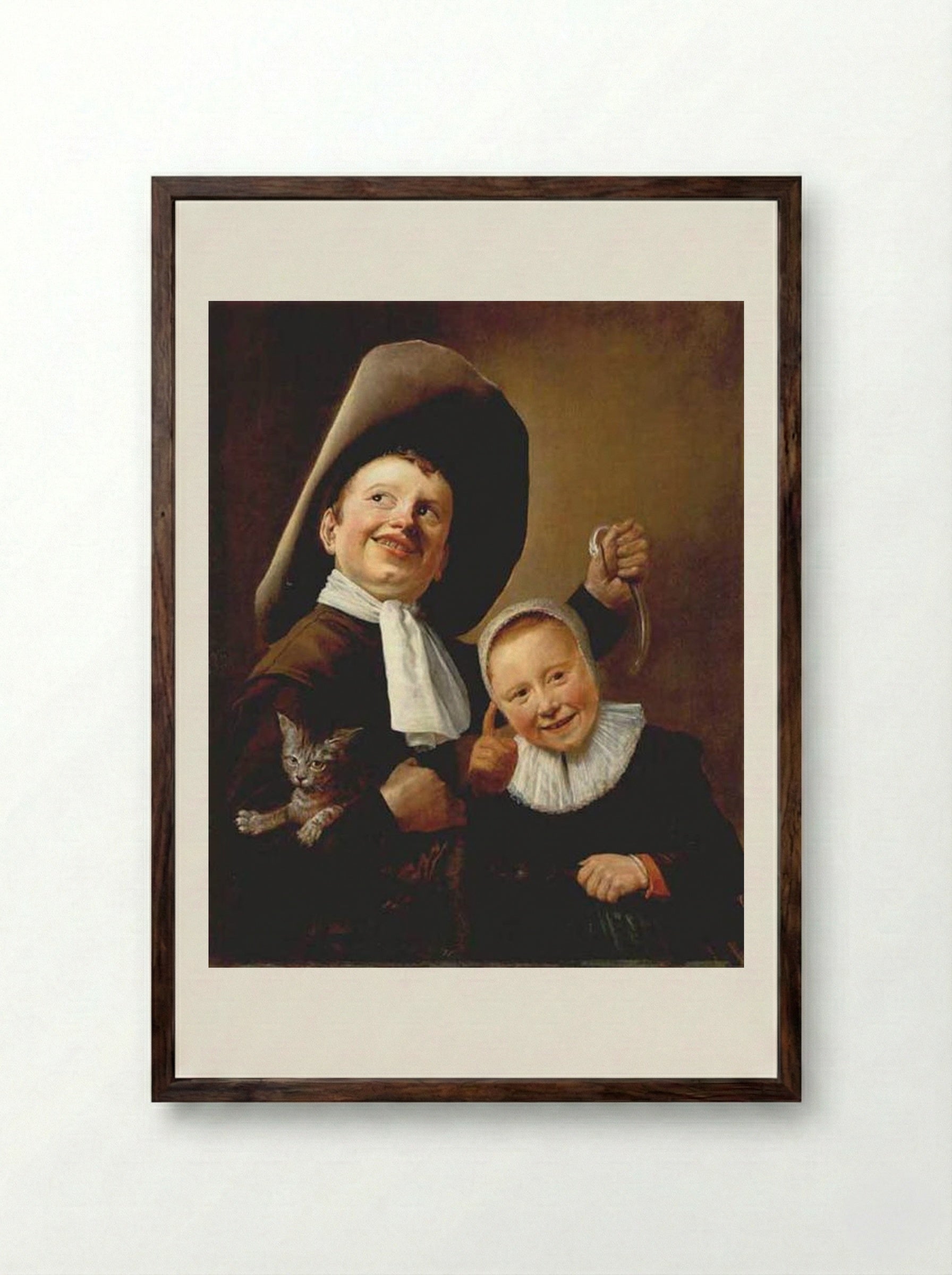 A Boy and a Girl with a Cat and an Eel - Judith Leyster - Framed Print Dark Wood