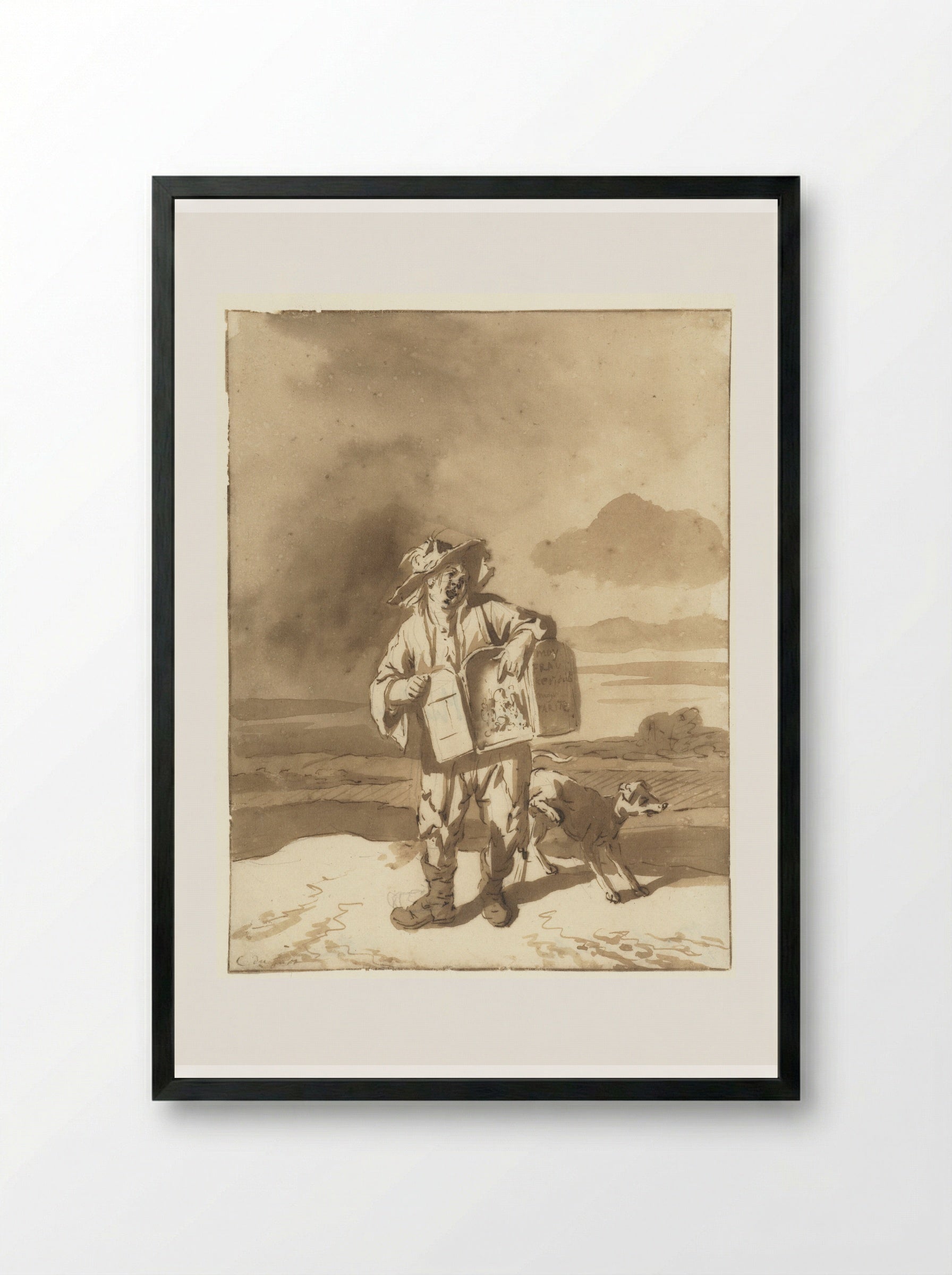 A Boy with a Peepshow and a Dog - Cornelis Dusart - Framed Print Black