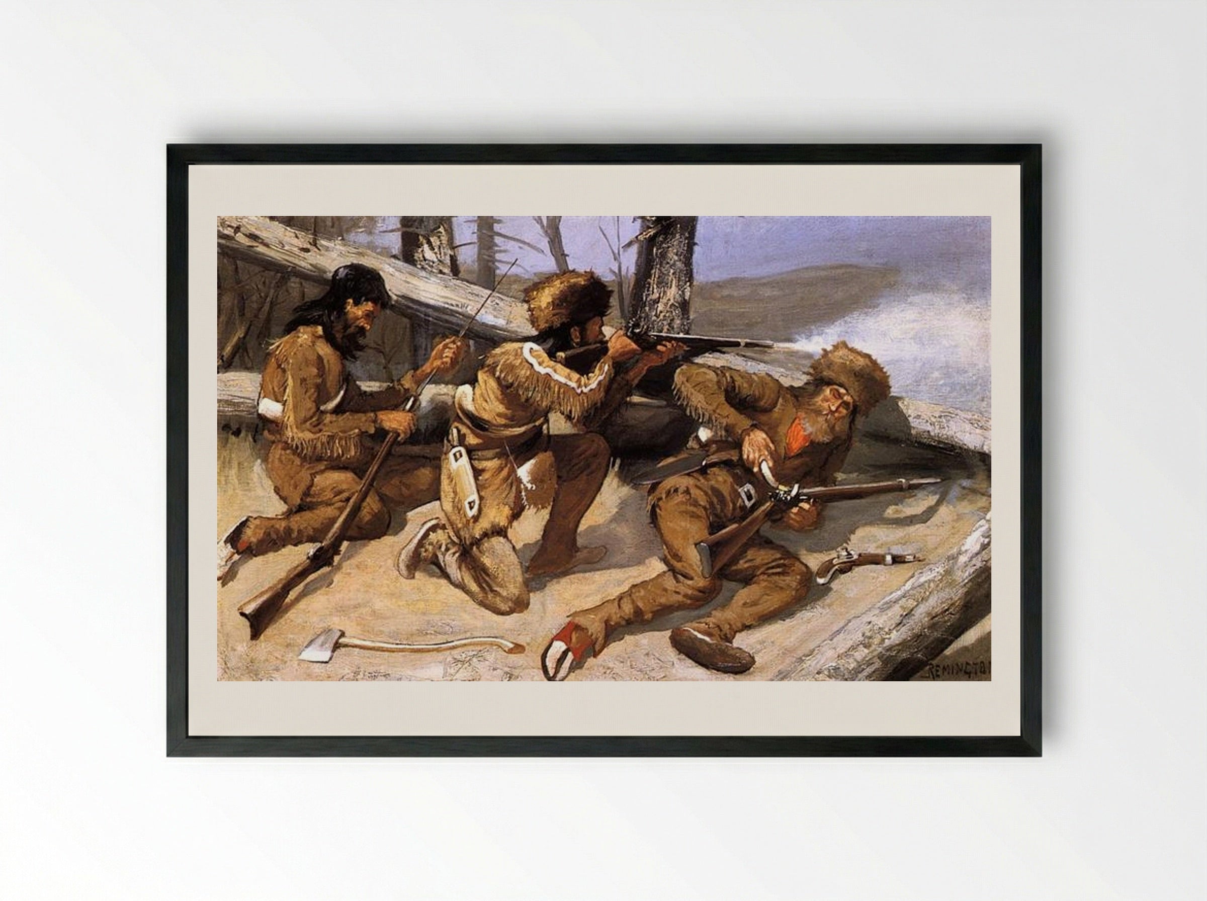 A Brush with the Redskins - Frederic Remington - Framed Print Black