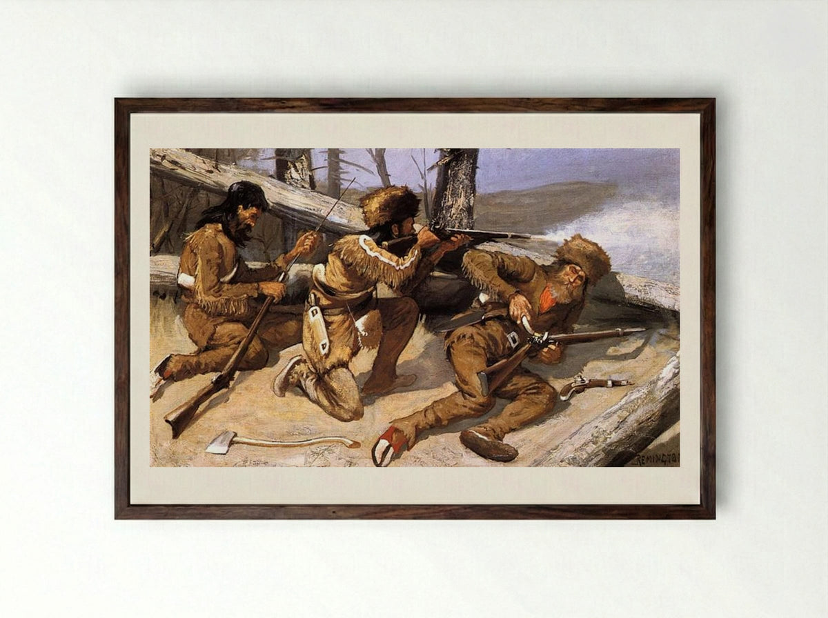 A Brush with the Redskins - Frederic Remington - Framed Print Dark Wood