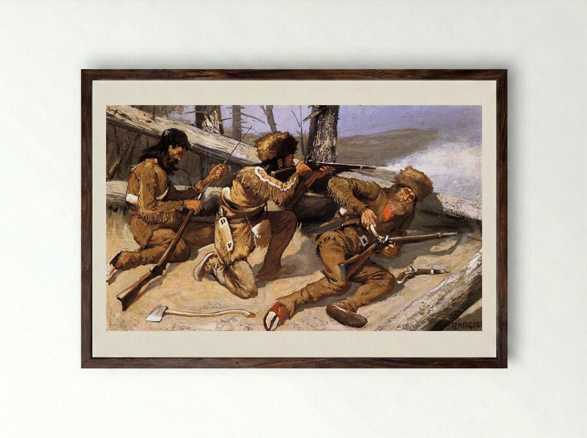 A Brush with the Redskins - Frederic Remington - Framed Print Dark Wood