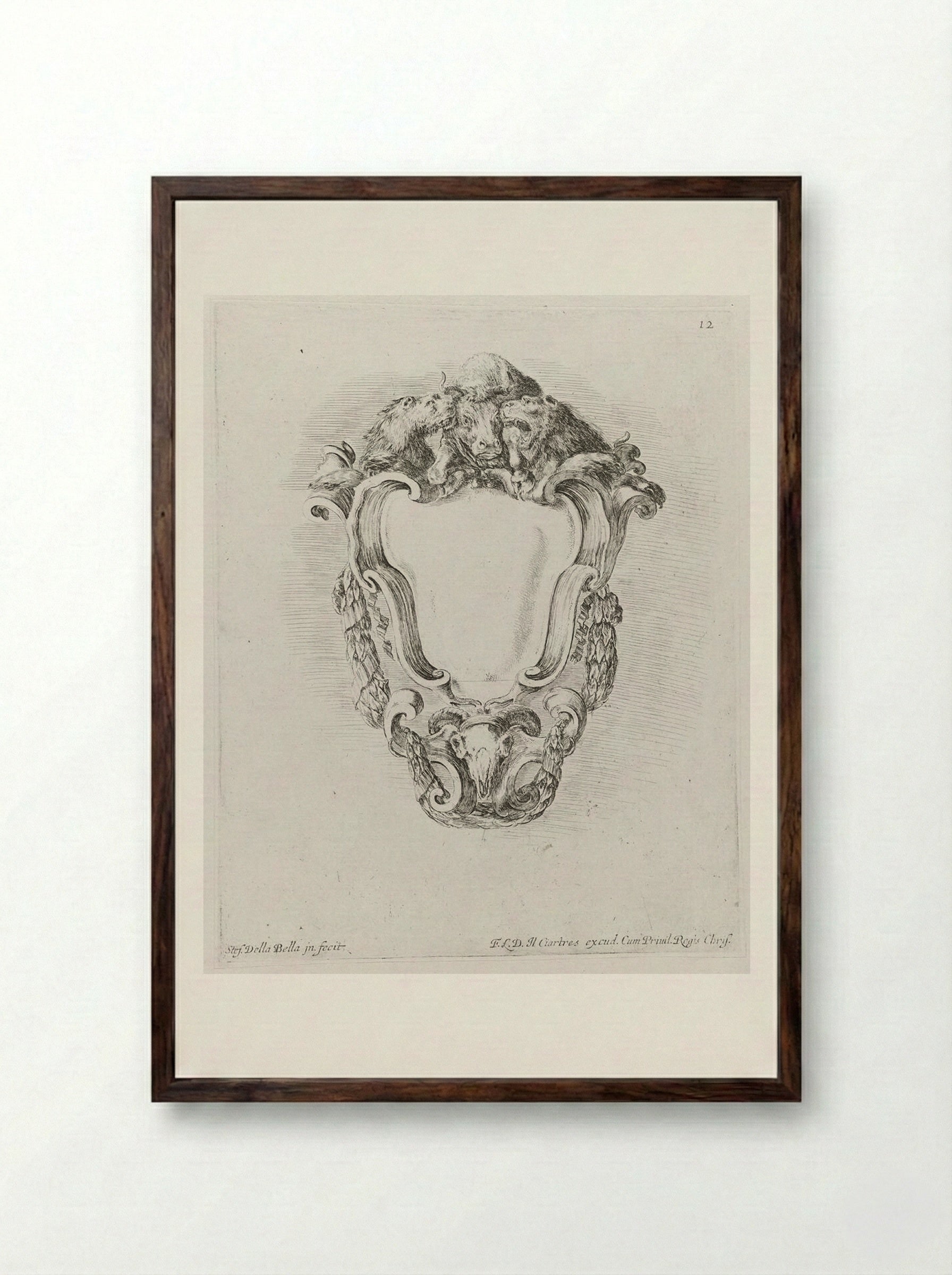 A Bull Attacked by Two Lions - Stefano Della Bella - Framed Print Dark Wood
