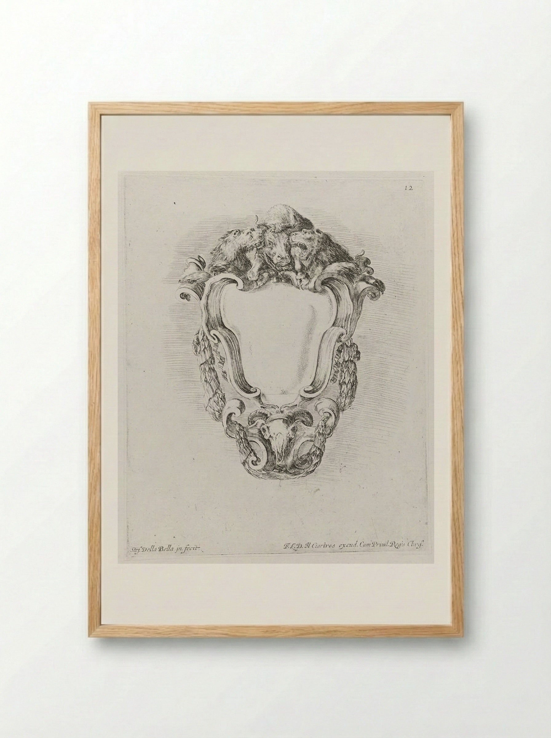 A Bull Attacked by Two Lions - Stefano Della Bella - Framed Print Wood