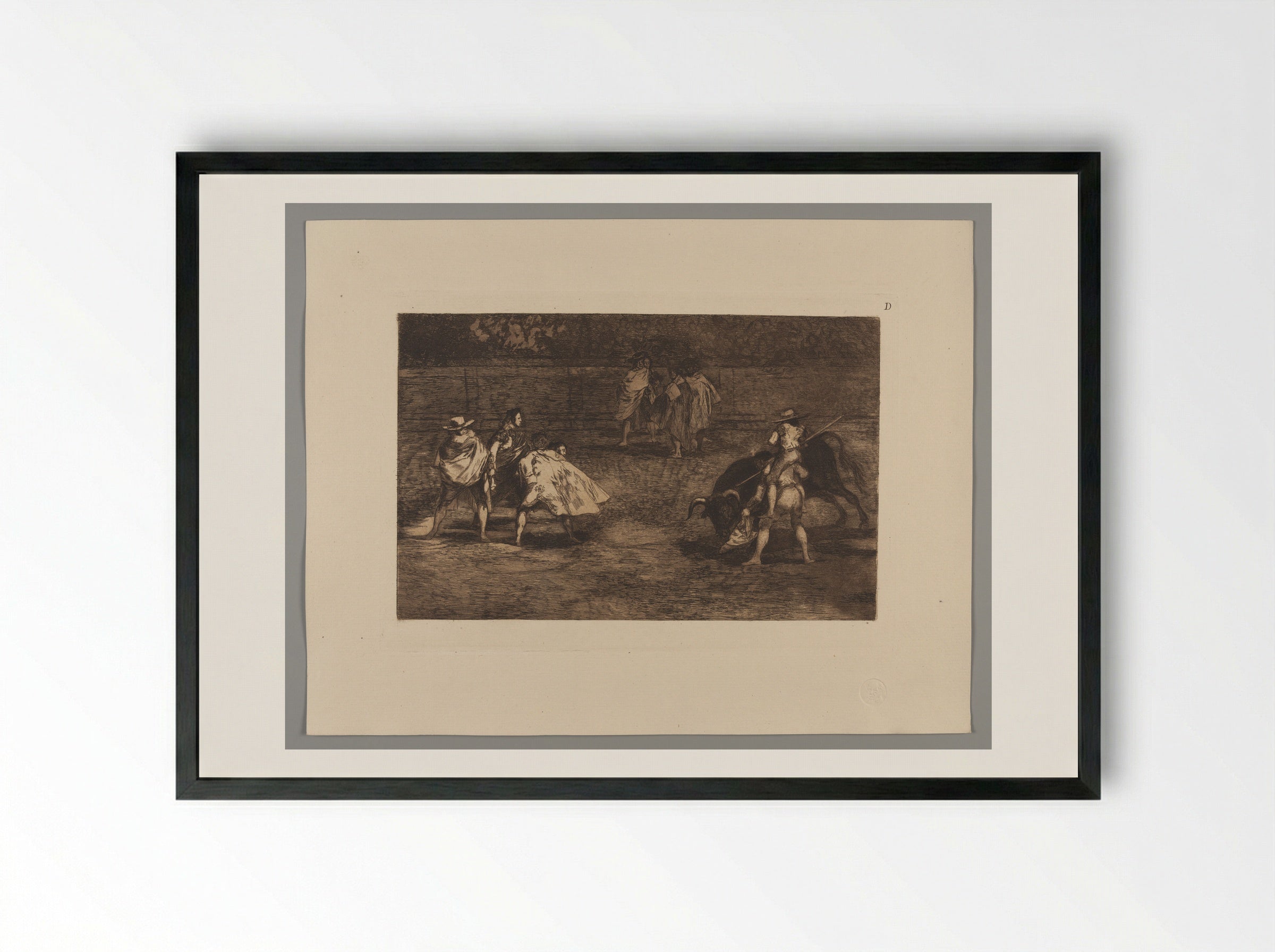 A Bullfighter, Mounted on the Shoulders of an Assistant, Spearing a Bull - Francisco José de Goya y Lucientes - Framed Print Black