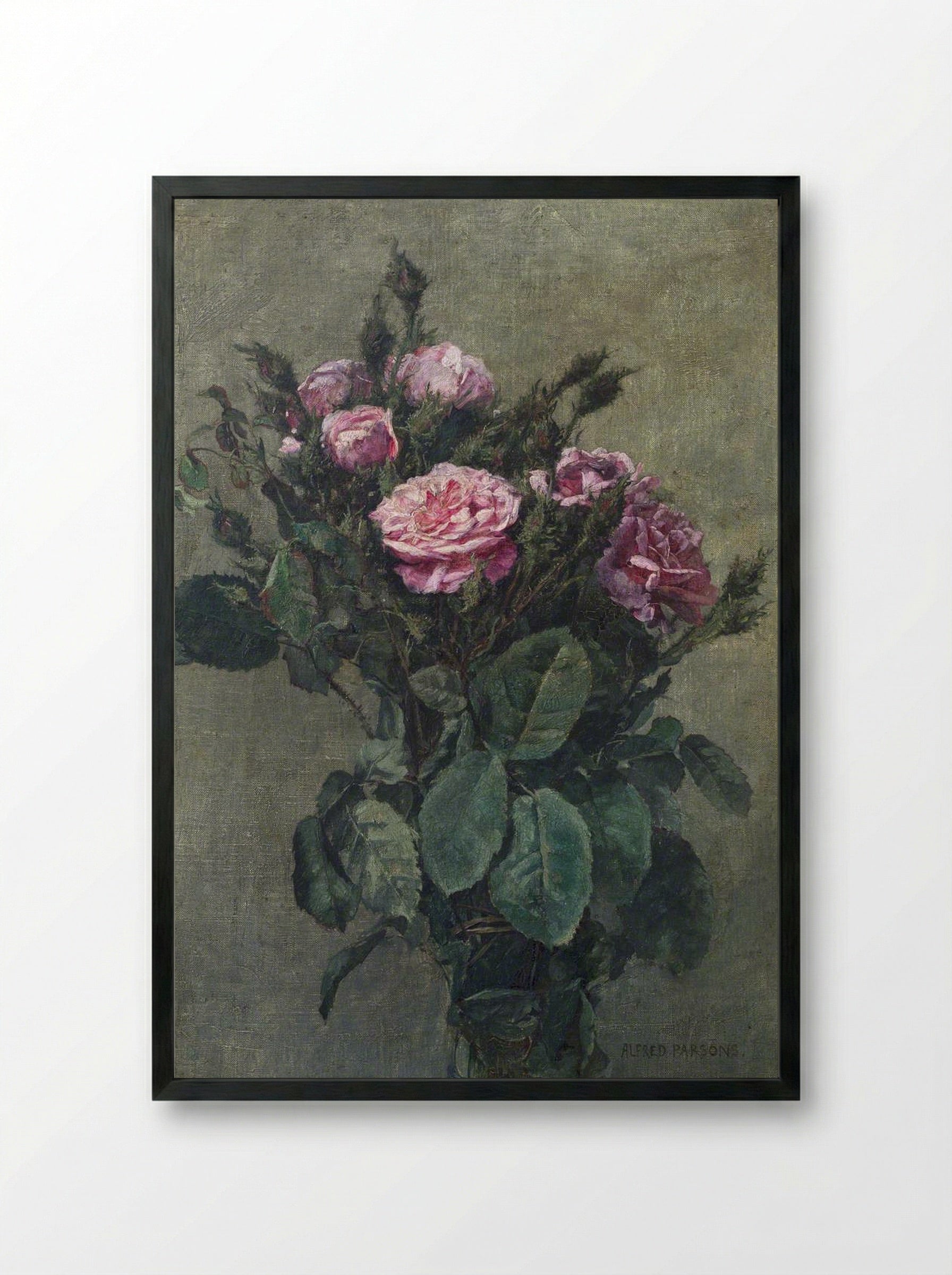 A Bunch of London Market Garden Moss Roses - Alfred Parsons - Framed Print Black