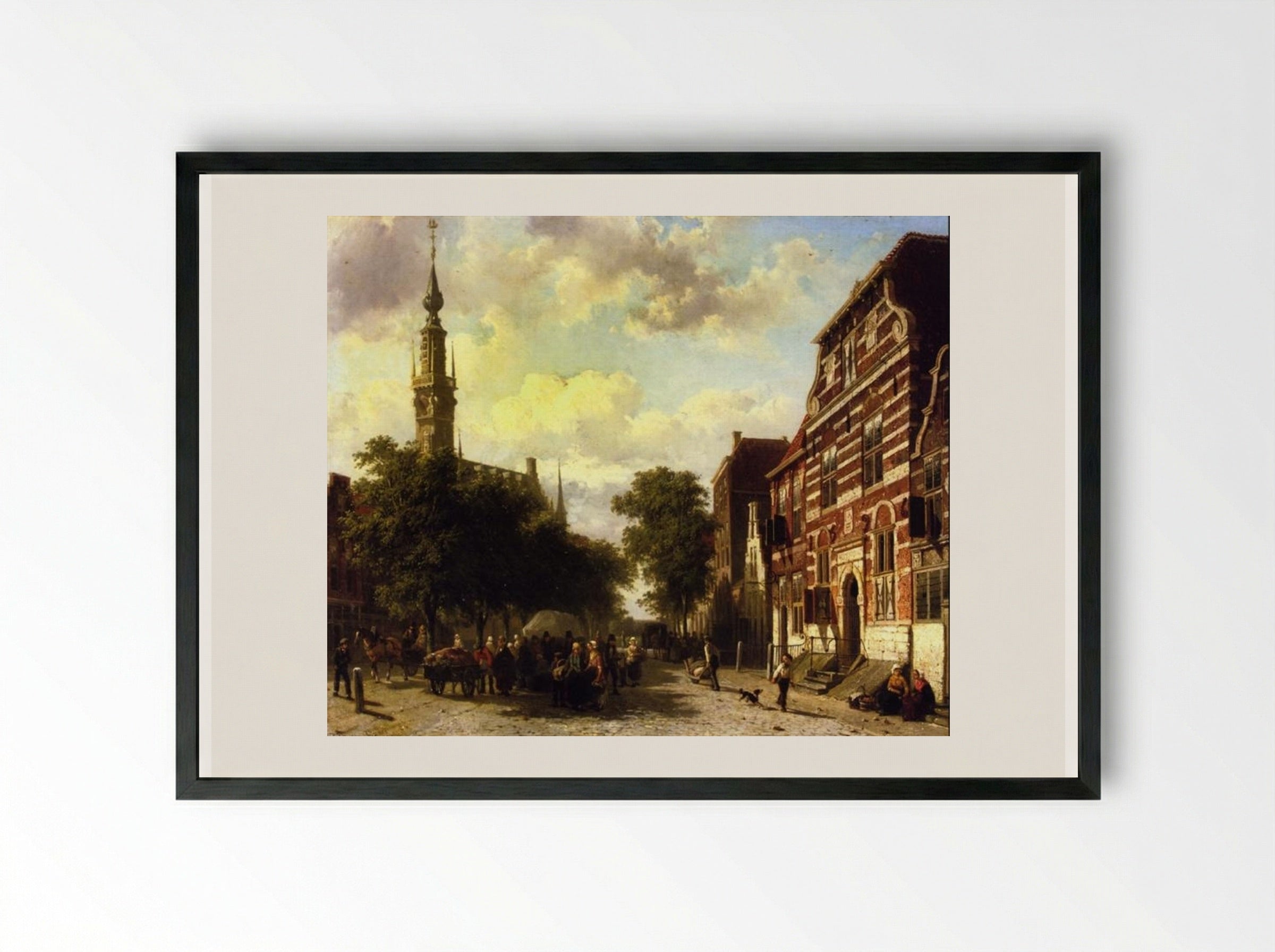 A Busy Market in Veere with the Clocktower of the Town Hall Beyond - Cornelis Springer - Framed Print Black