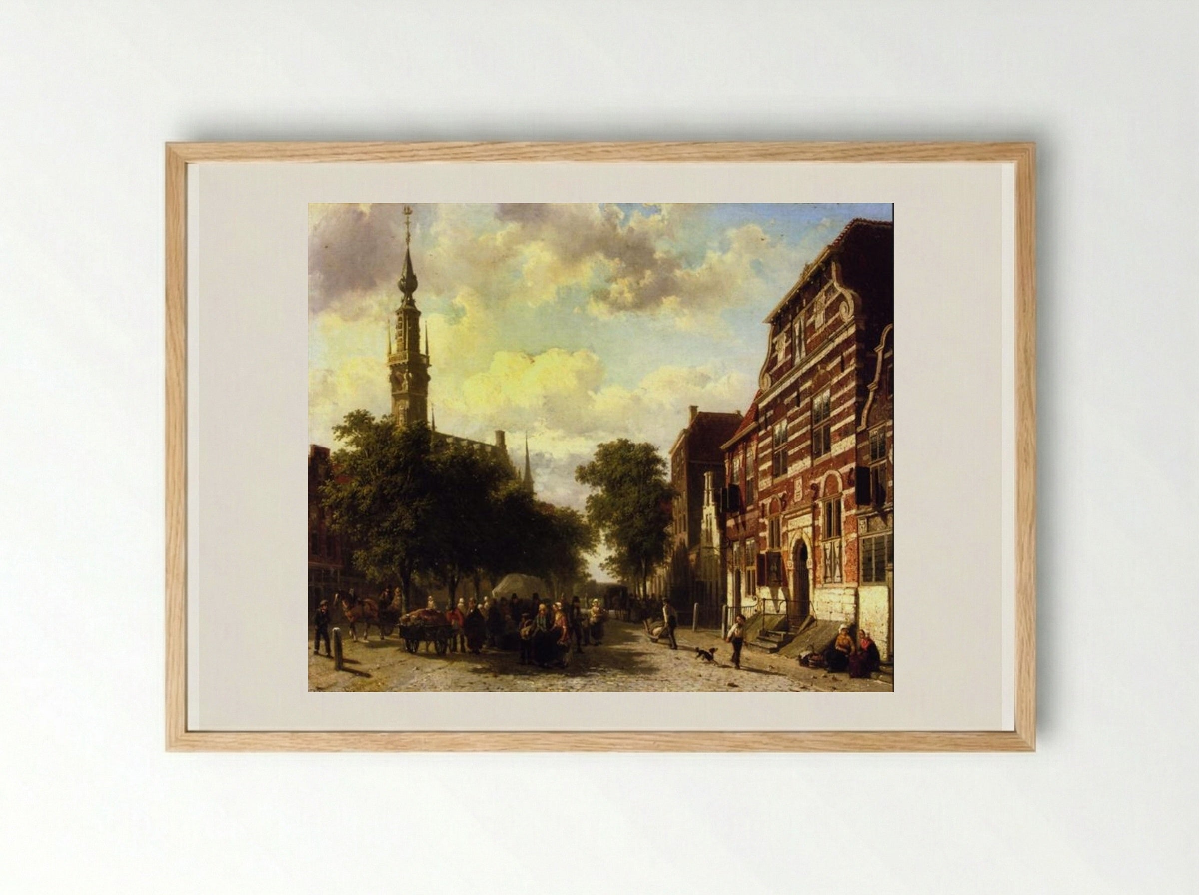 A Busy Market in Veere with the Clocktower of the Town Hall Beyond - Cornelis Springer - Framed Print Wood