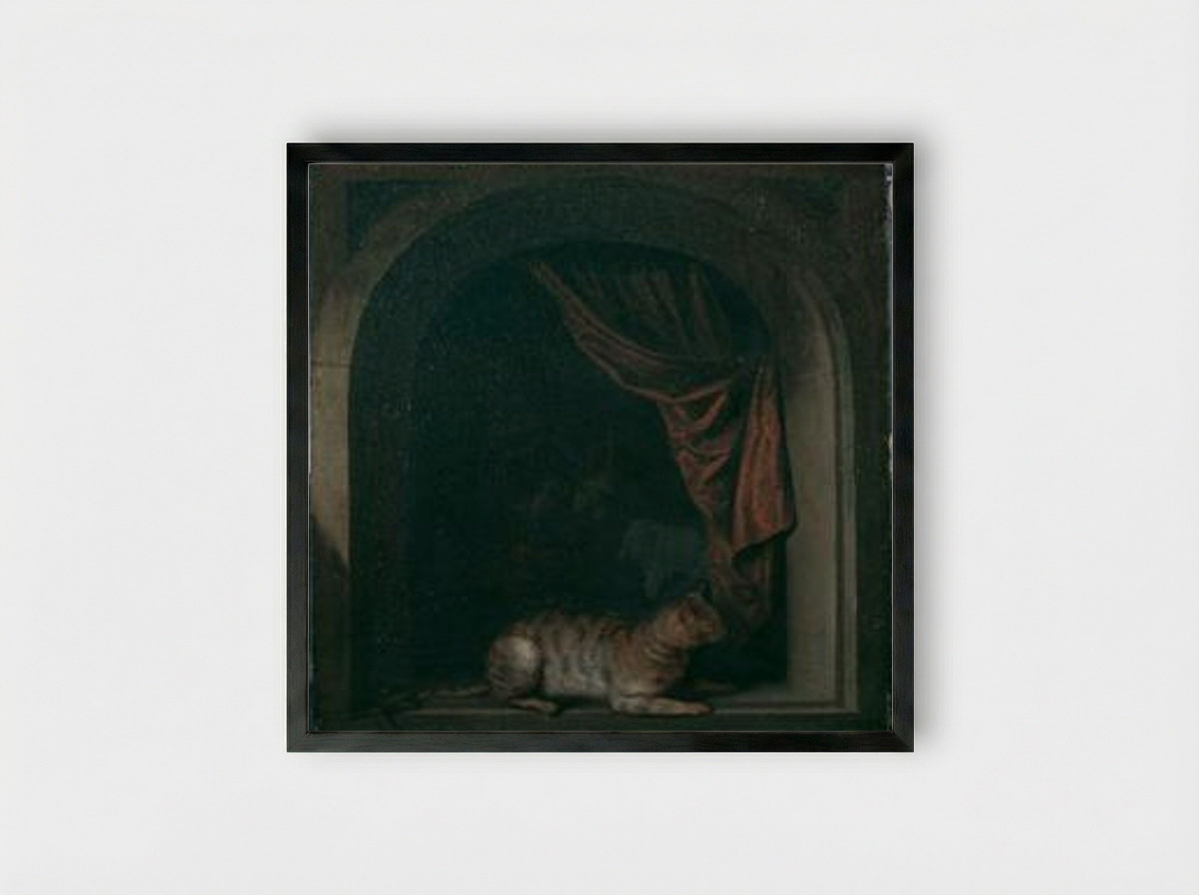 A Cat at the Window of a Painter's Studio - Gerrit Dou - Framed Print Black