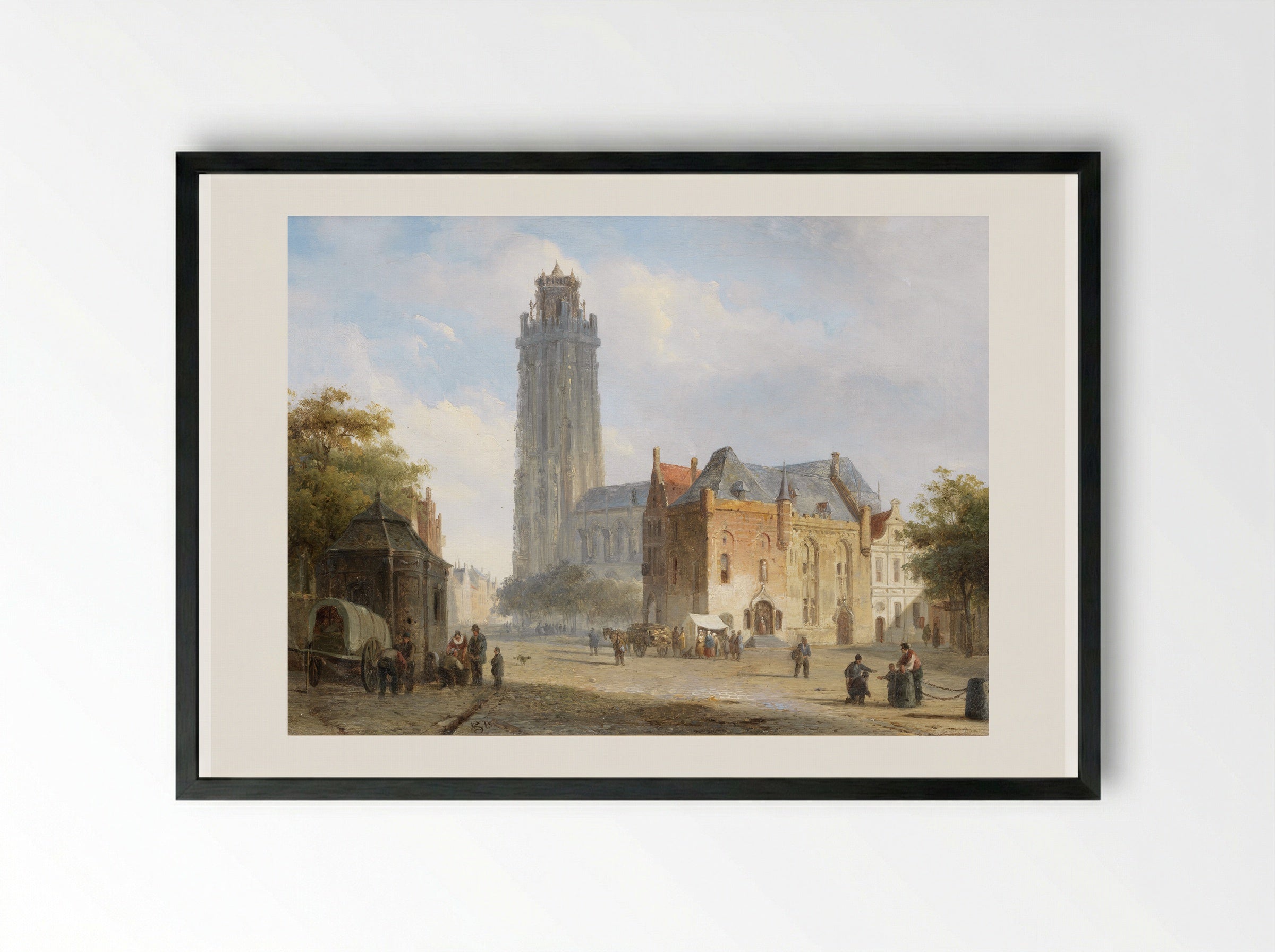 A Cathedral On A Townsquare In Summer - Cornelis Springer - Framed Print Black