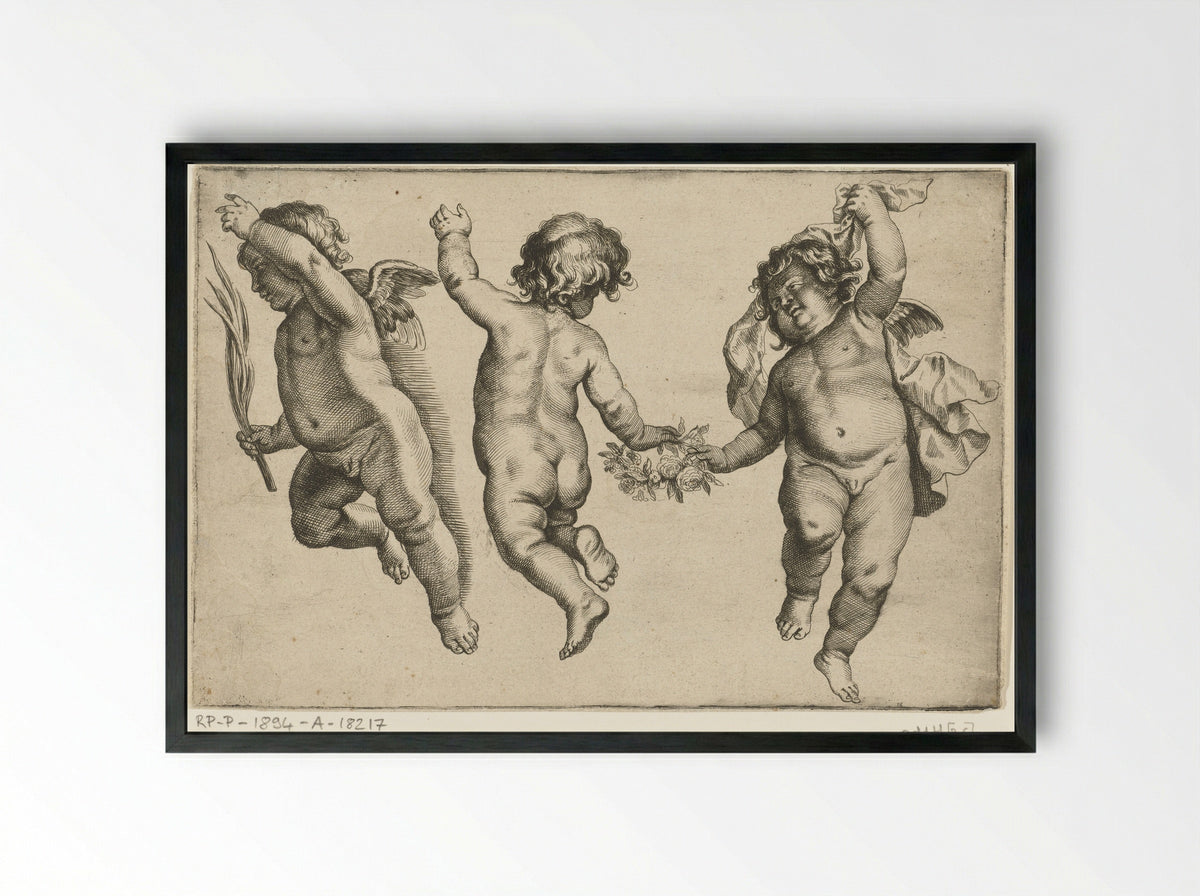 A Child Dancing Between Two Angels - Pieter van Avont - Framed Print Black