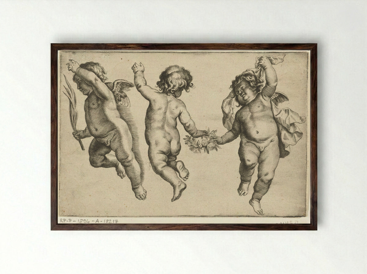 A Child Dancing Between Two Angels - Pieter van Avont - Framed Print Dark Wood