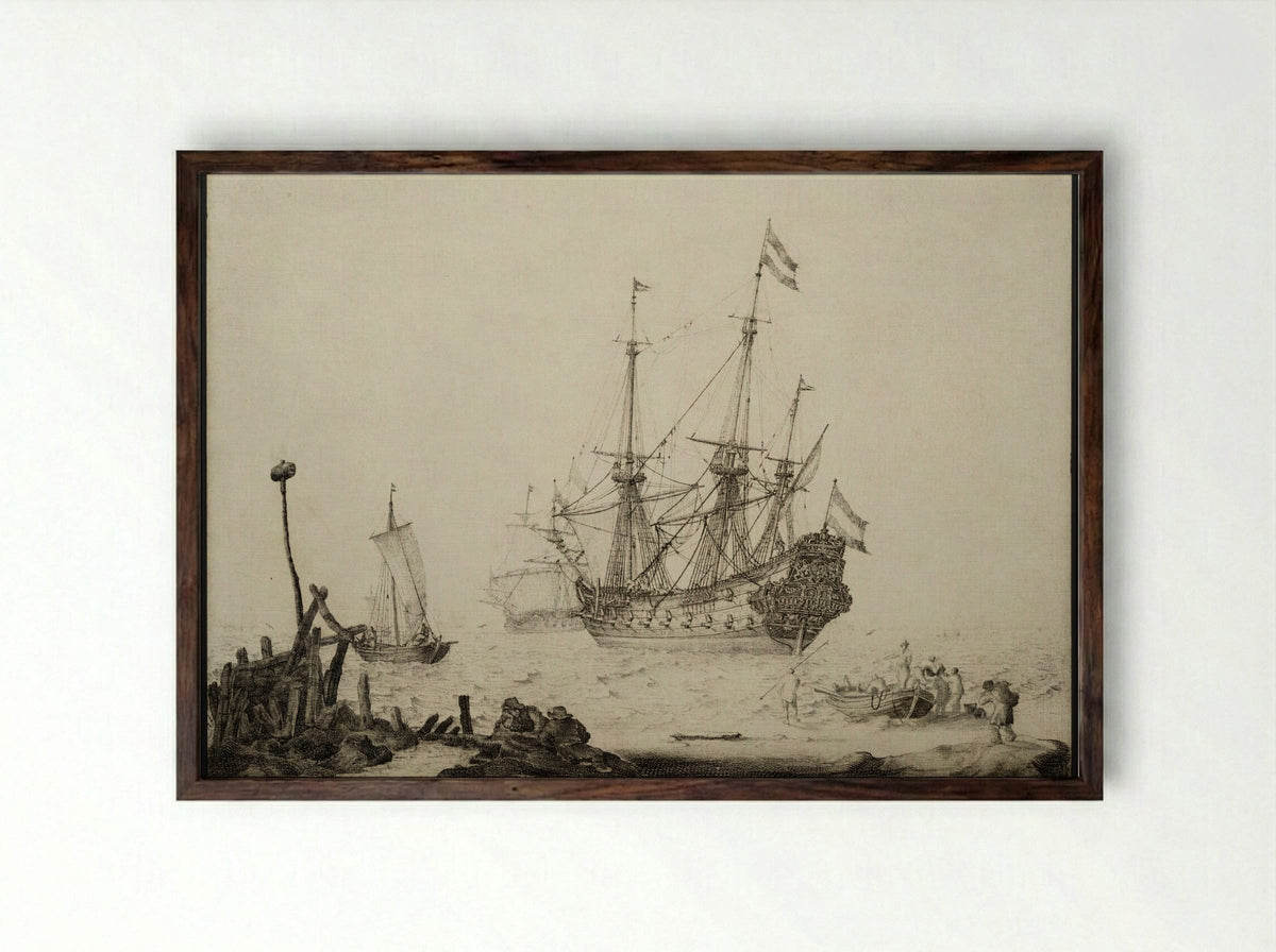 A Coastal Scene with Figures and a Danzig Ship - Ludolf Bakhuizen - Framed Print Dark Wood