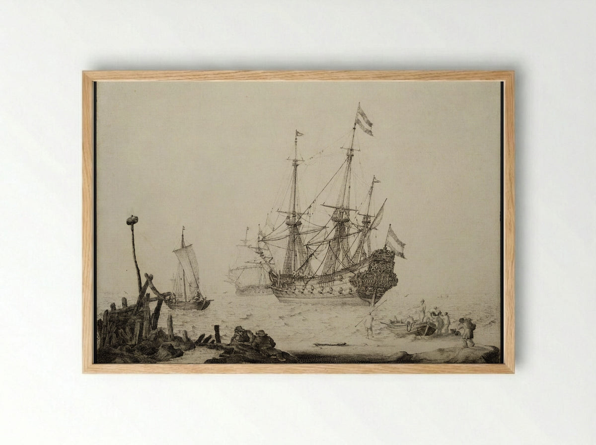 A Coastal Scene with Figures and a Danzig Ship - Ludolf Bakhuizen - Framed Print Wood