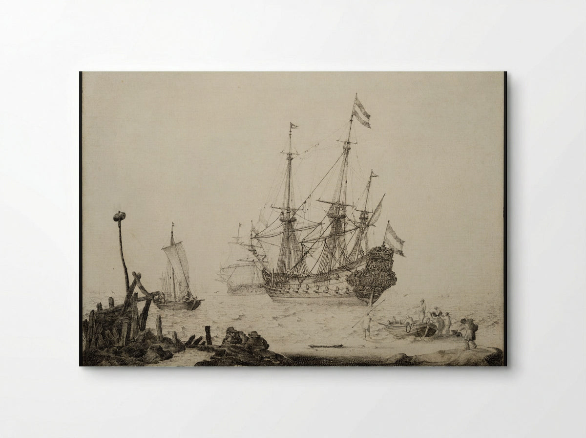 A Coastal Scene with Figures and a Danzig Ship - Ludolf Bakhuizen - Poster
