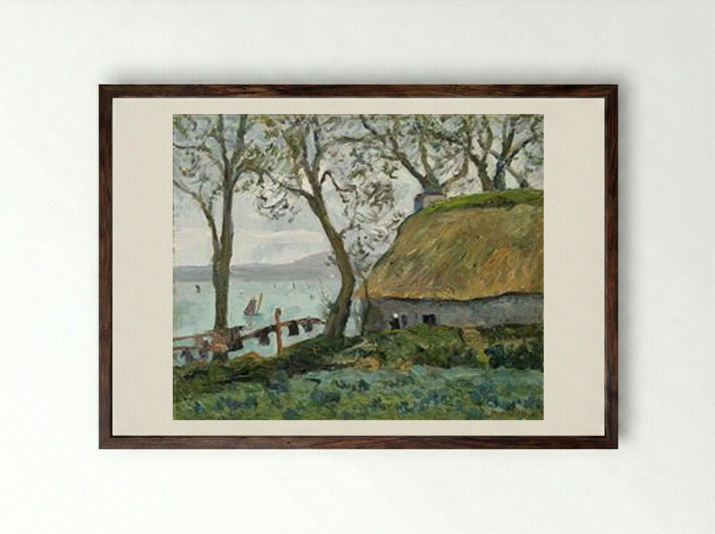 A Cottage with Thatched Roof in Douarnenez - Maxime Maufra - Framed Print Dark Wood