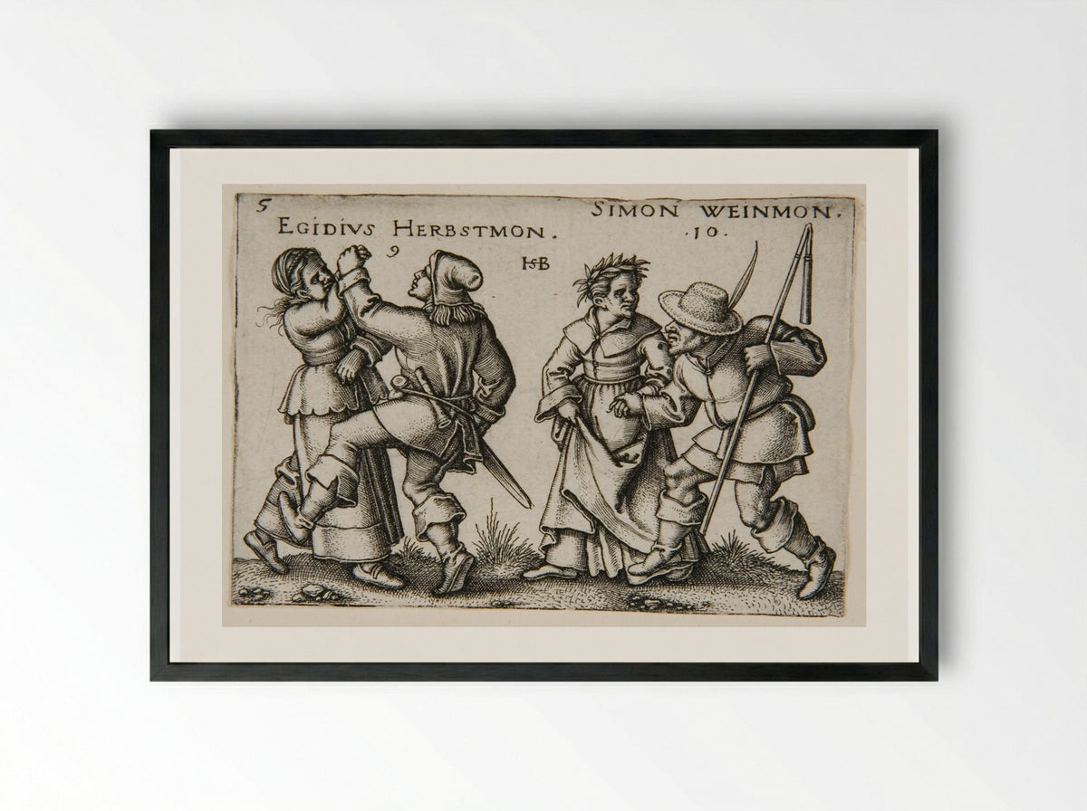 A Couple Dancing and a Couple Walking, the Man Carrying a Staff - Sebald Beham - Framed Print Black