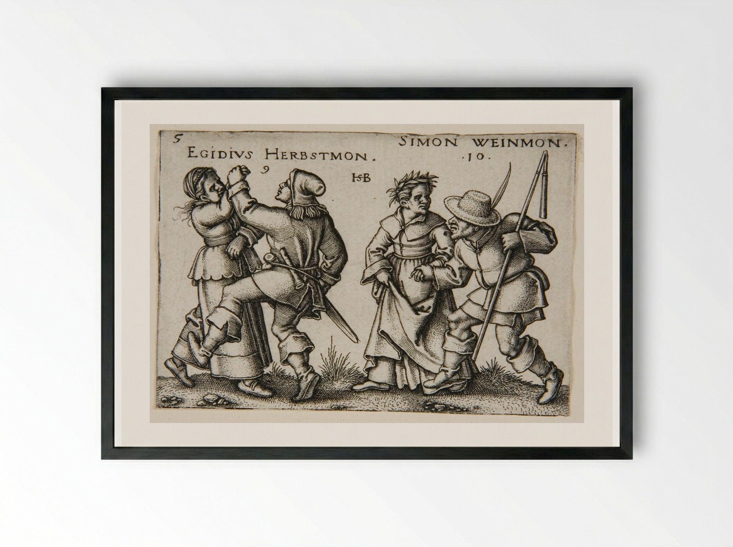 A Couple Dancing and a Couple Walking, the Man Carrying a Staff - Sebald Beham - Framed Print Black