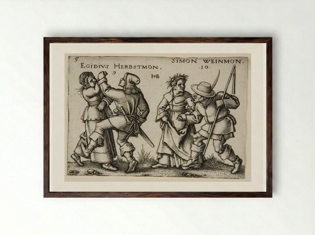 A Couple Dancing and a Couple Walking, the Man Carrying a Staff - Sebald Beham - Framed Print Dark Wood