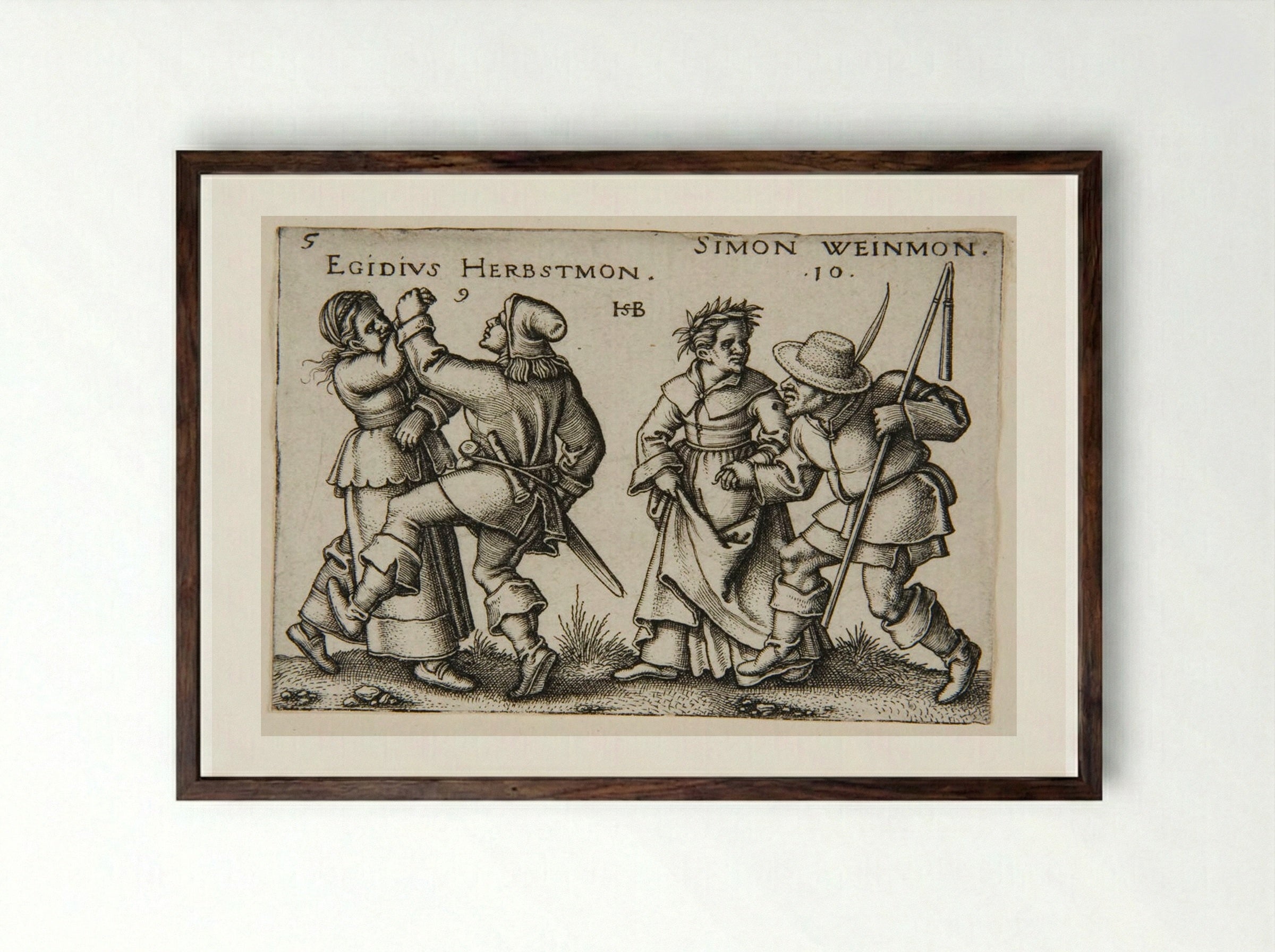 A Couple Dancing and a Couple Walking, the Man Carrying a Staff - Sebald Beham - Framed Print Dark Wood