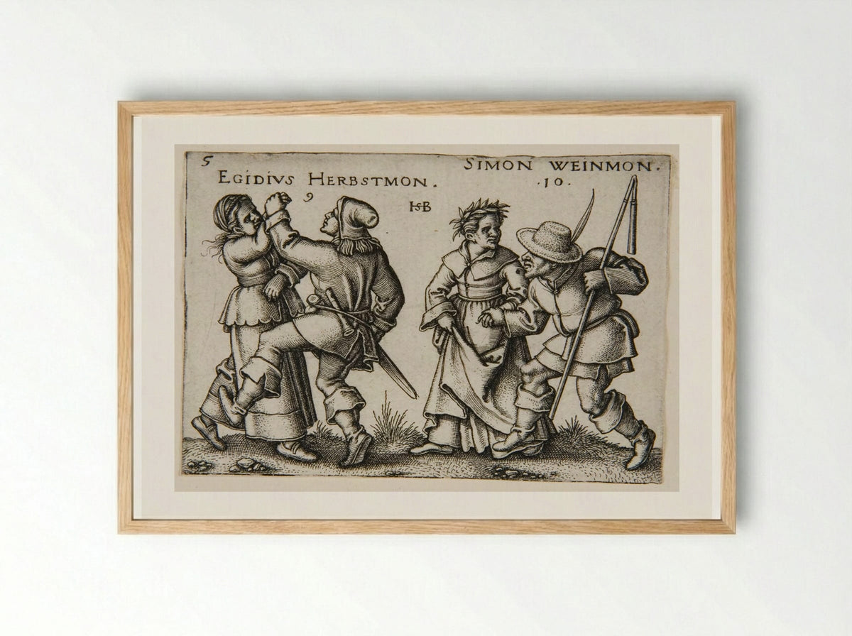 A Couple Dancing and a Couple Walking, the Man Carrying a Staff - Sebald Beham - Framed Print Wood