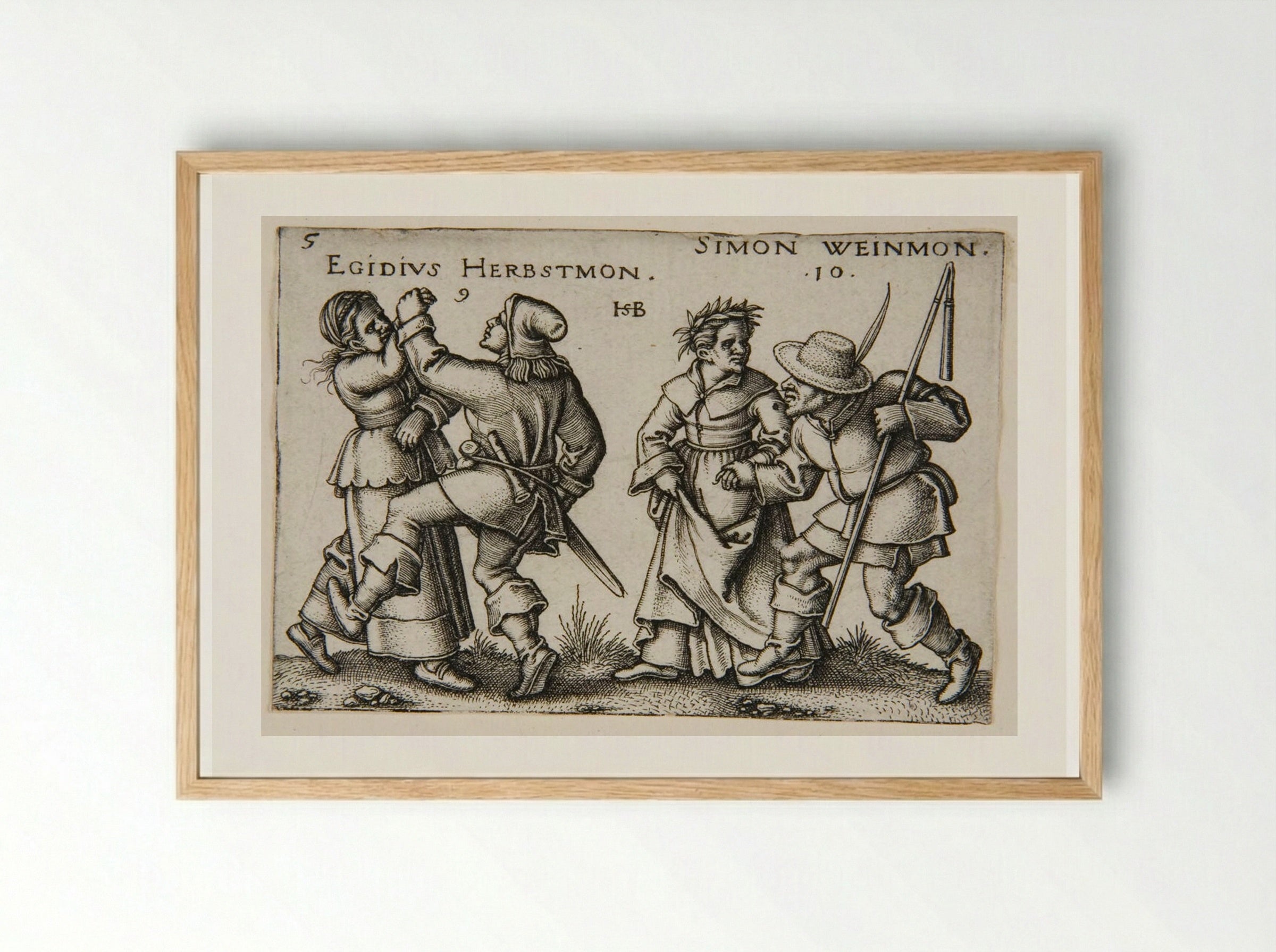 A Couple Dancing and a Couple Walking, the Man Carrying a Staff - Sebald Beham - Framed Print Wood